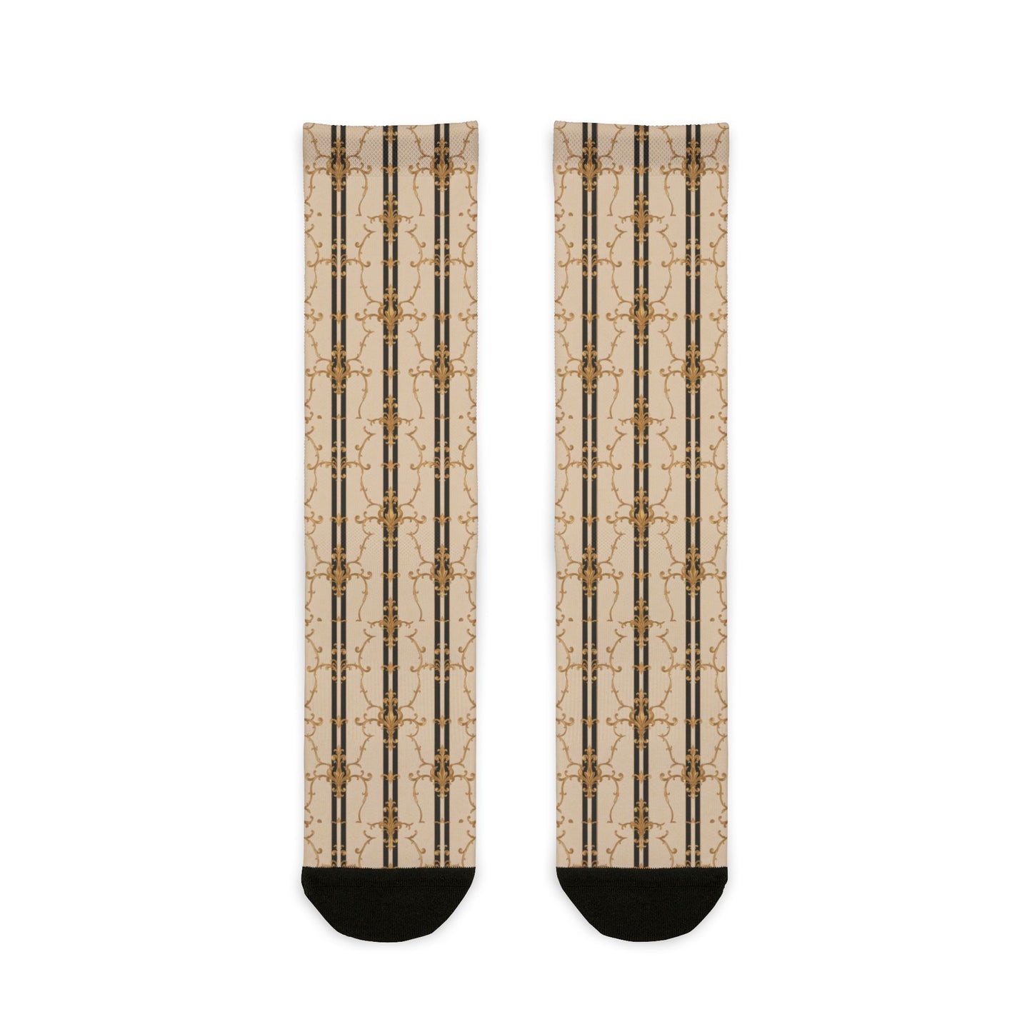 Chic Patterned Crew Socks - Stylish Comfortable Socks, Unique Gift, Trendy Accessories - Black & Beige Striped Damask