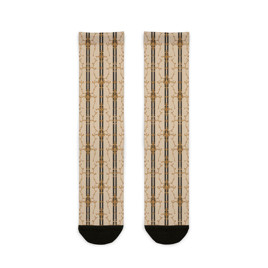 Chic Patterned Crew Socks - Stylish Comfortable Socks, Unique Gift, Trendy Accessories - Black & Beige Striped Damask