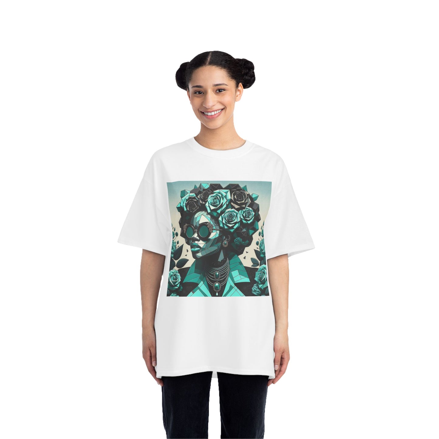Trendy Floral Graphic Tee | Artistic Short-Sleeve Shirt, Fashionable Summer Top, Chic Gift for Her - Turquoise & Black Roses Lady