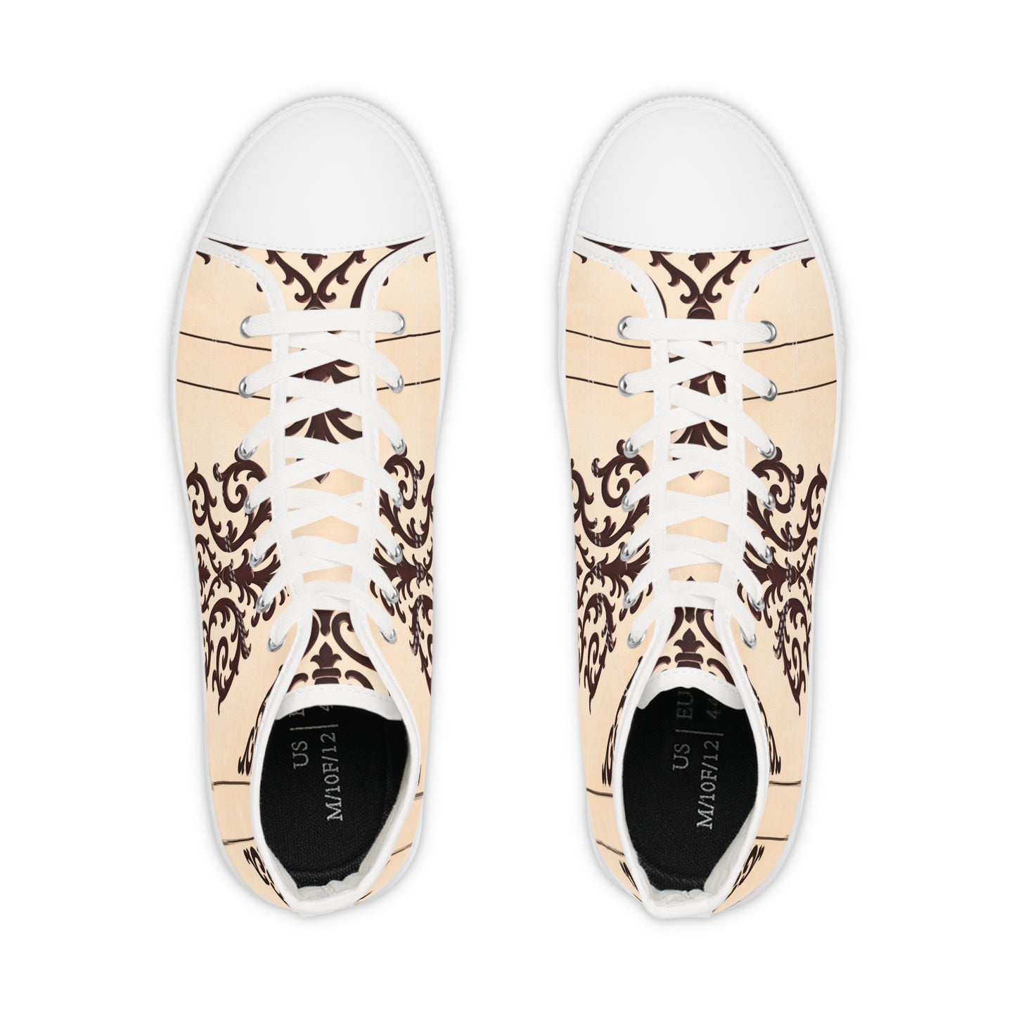 Almond-Beige & Brown Baroque Scroll High-Top Sneakers — Beige Ornate Men's Canvas Shoes