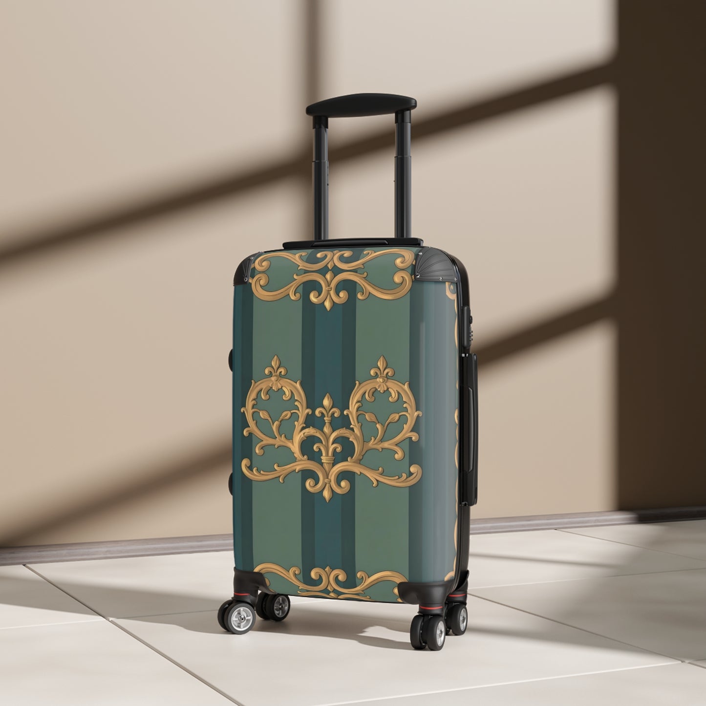 Vintage Floral Suitcase - Stylish Travel Luggage for Adventurers - Smoky Blue & Teal Striped Baroque