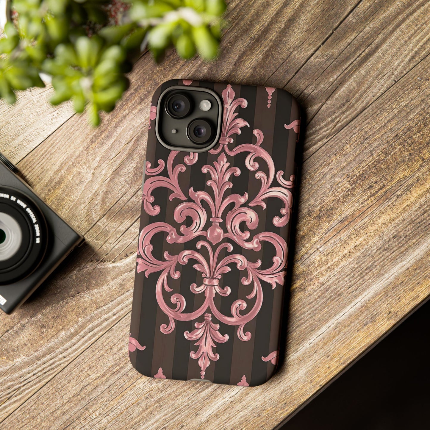 Elegant Floral Motif Phone Case - Tough Cases with Vintage Design - Brown Striped Mauve Damask