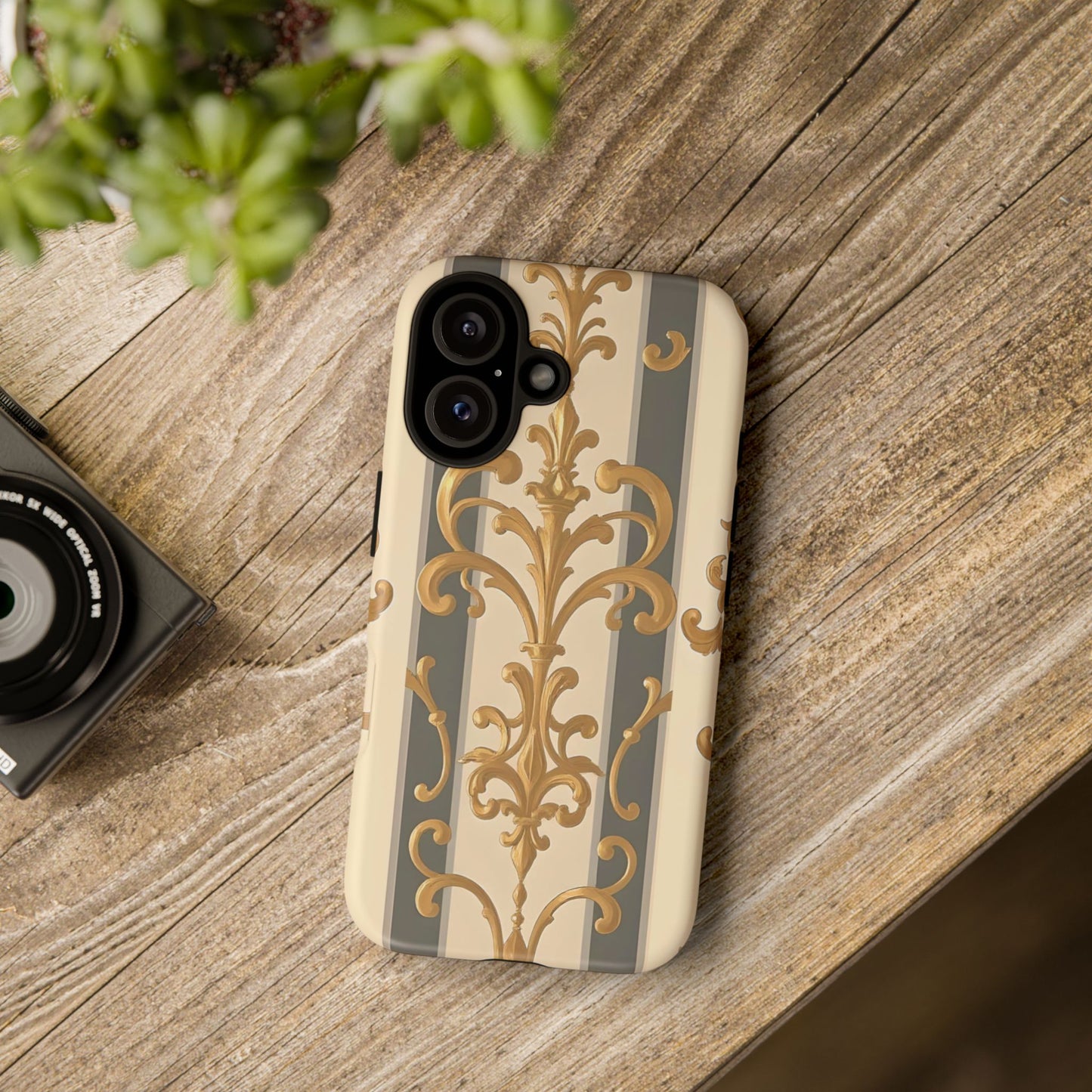 Elegant Floral Motif Phone Case - Tough Cases with Vintage Design - Dusk Olive Striped Gold Damask