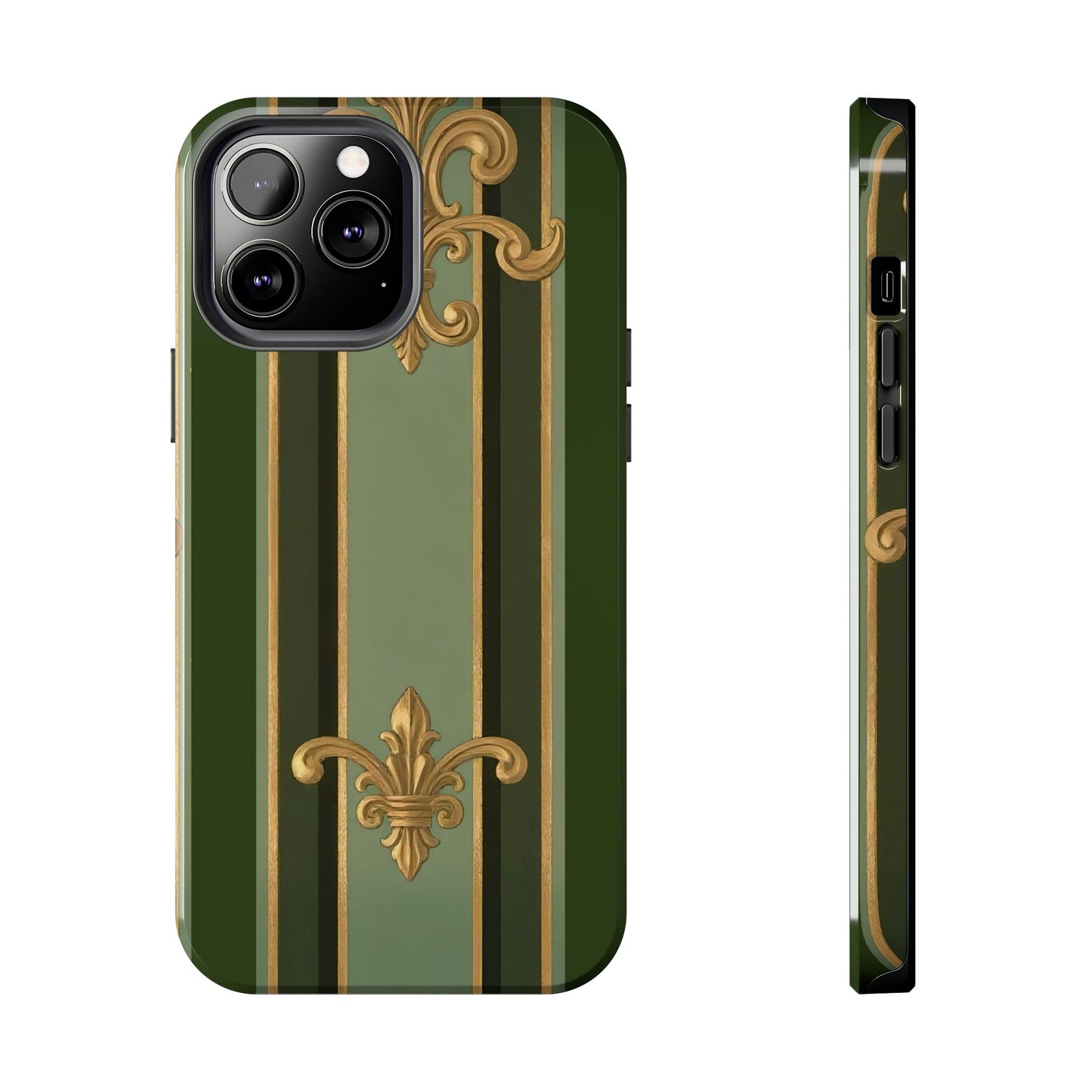 Elegant Tough Phone Cases - Baroque Design, Durable Cell Phone Covers, Unique Gifts for Her, Holiday Gifts - Green Striped Gold Baroque