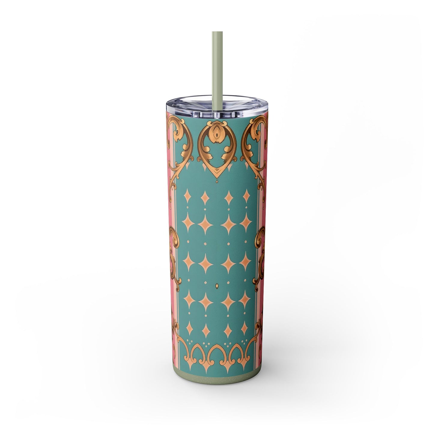 Elegant Floral Skinny Tumbler, 20oz Travel Mug, Stylish Drinkware, Perfect Gift for Her, Vintage Inspired - Pink & Matte Turquoise Striped Rococo