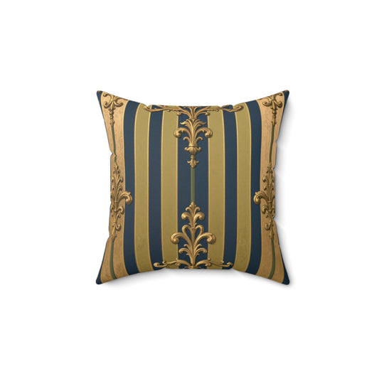 Elegant Midnight Blue & Olive Striped Gold Baroque Vintage Stripe Pillow, Decorative Throw Cushion for Home Decor, Couch Accent, Vintage Elegance