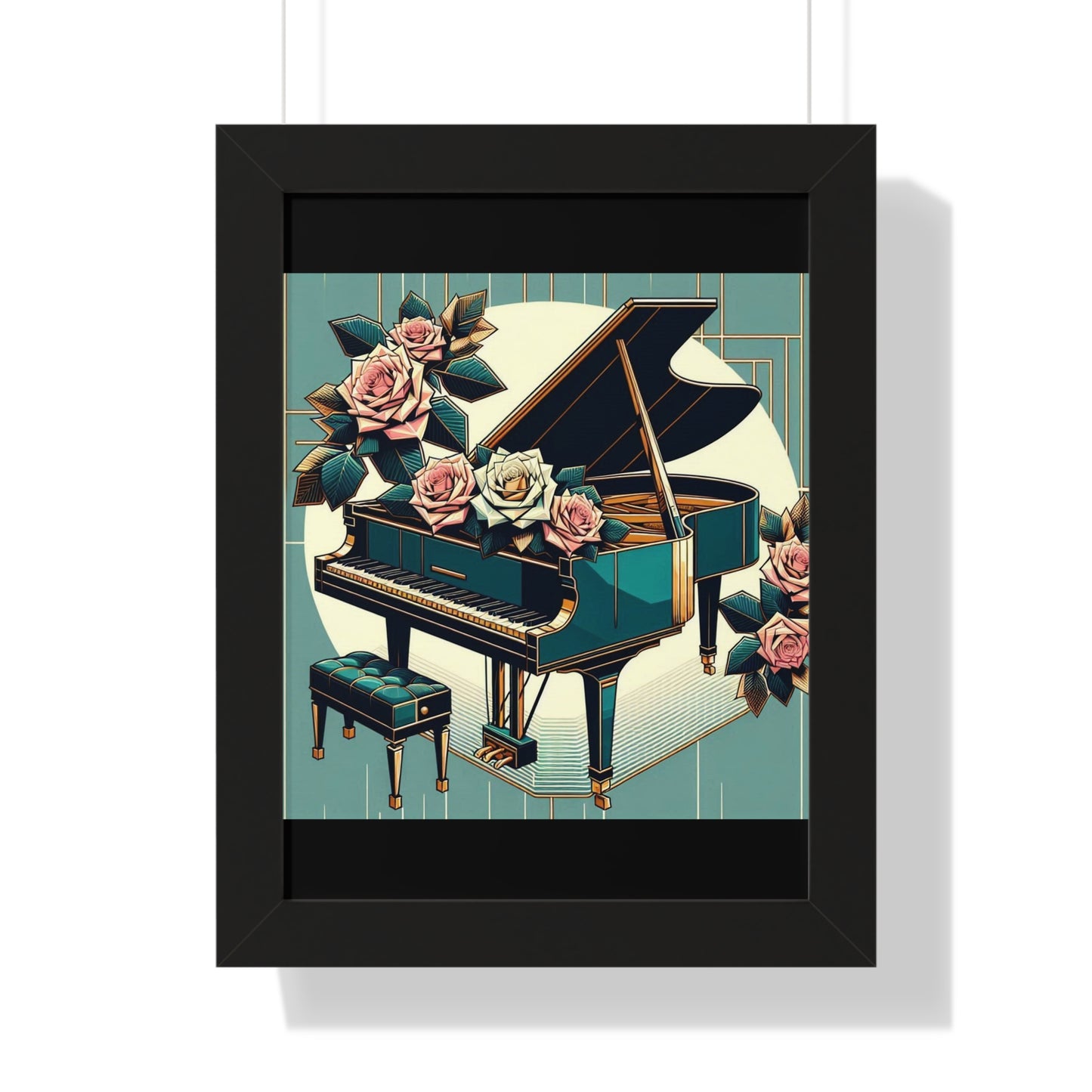 Vertical Poster - Teal Grand Piano & Roses Wall Art