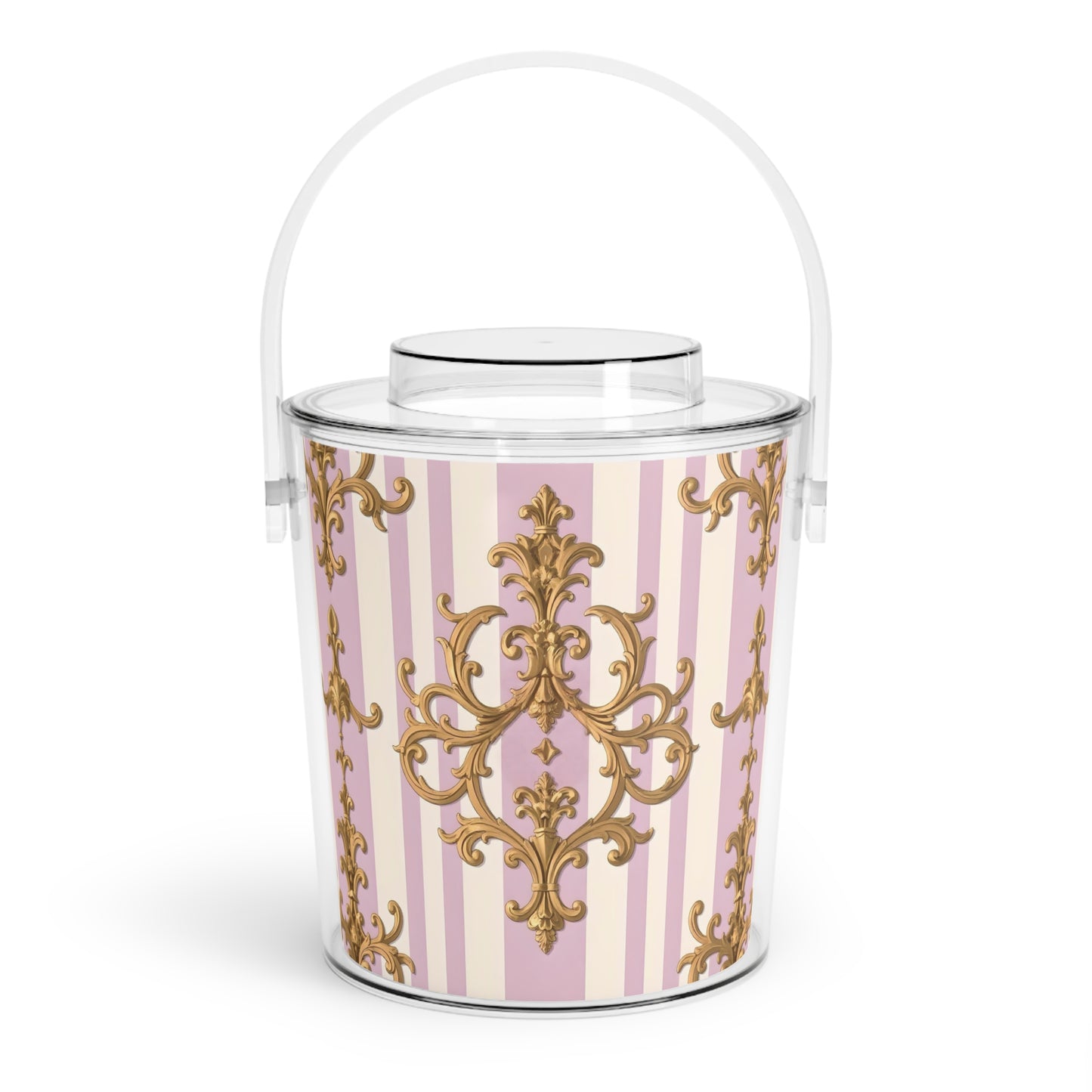Elegant Pink Striped Ice Bucket with Tongs, Decorative Beverage Chiller, Party Essentials, Wedding Decor - Lilac & Alabaster Striped Gold Baroque