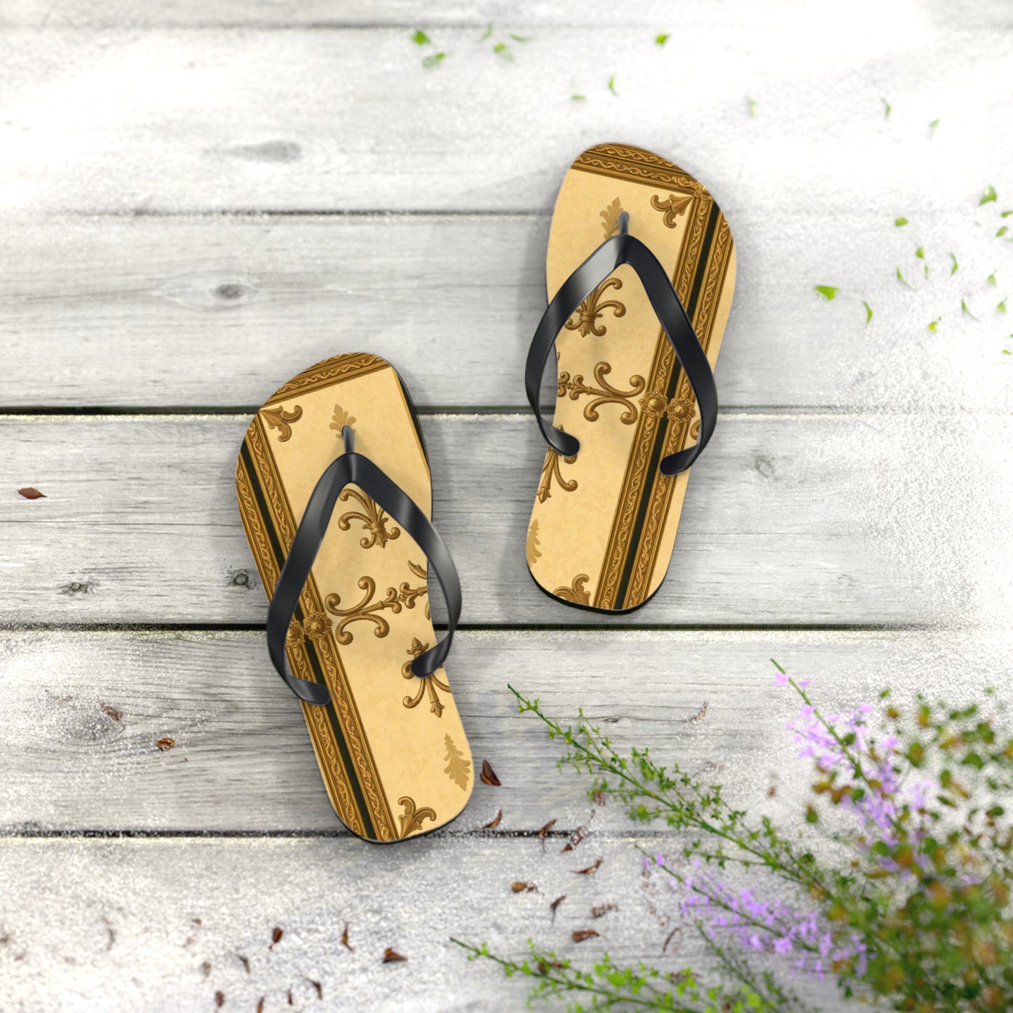 Elegant Vintage Flip Flops, Summer Footwear, Beach Sandals, Vacation Essentials, Relaxation, Unique Gifts - Matte Yellow Striped Antique Rococo