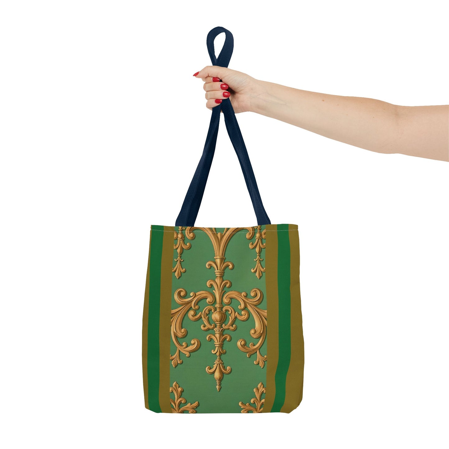 Ornate Floral Tote Bag, Chic Shopping Bag, Fashionable Eco Tote, Stylish Gift for Her, Versatile Everyday Use - Olive Green Striped Rococo