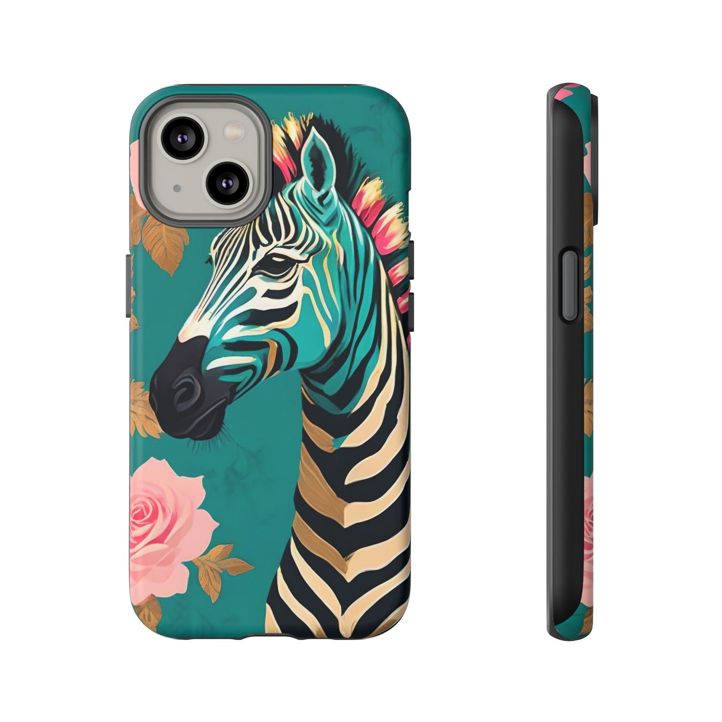 Phone Case - Elegant Teal & Gold Zebra & Roses Design