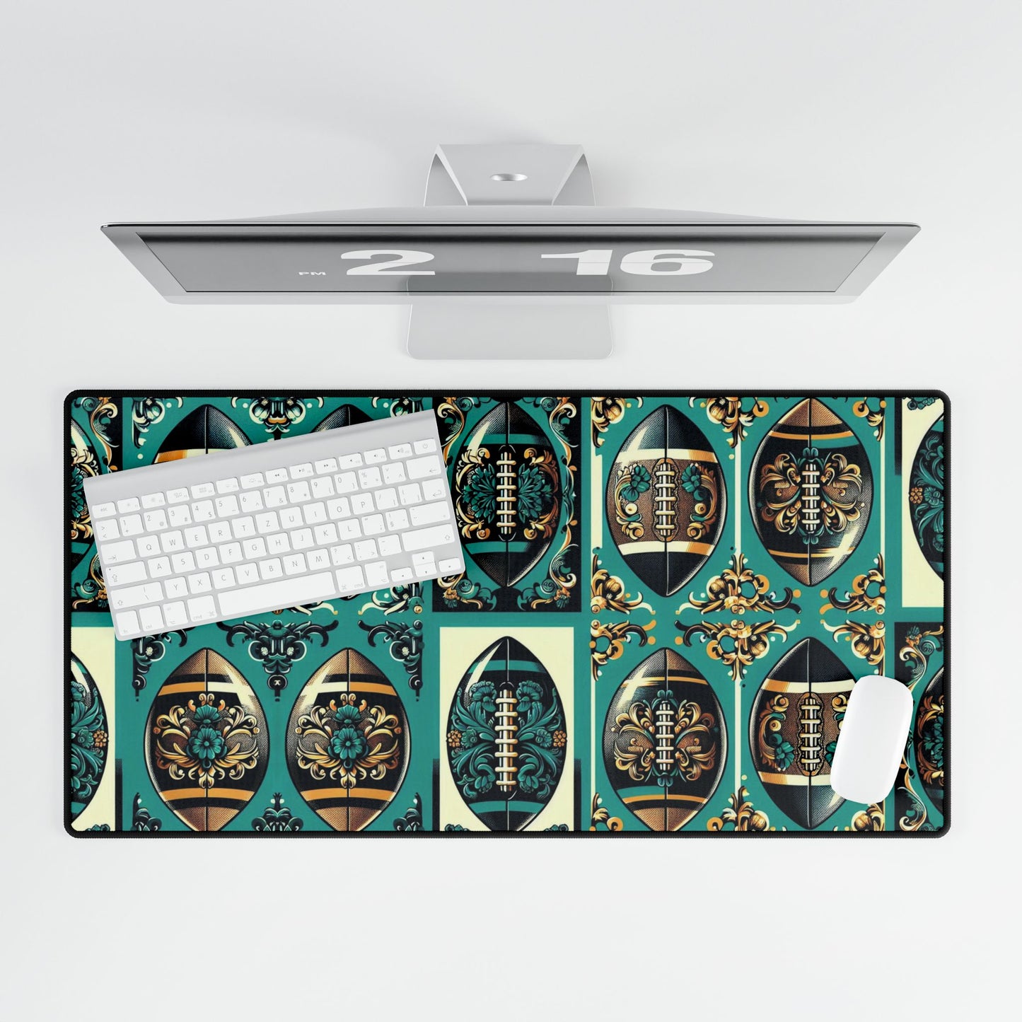 Desk Mat - Elegant Floral Motif for Home Office Decor - Teal, Gold & Black Damask Footballs