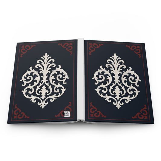Dusk Blue-Maroon & White Baroque Hardcover Journal — Elegant Dusk Blue & White Notebook