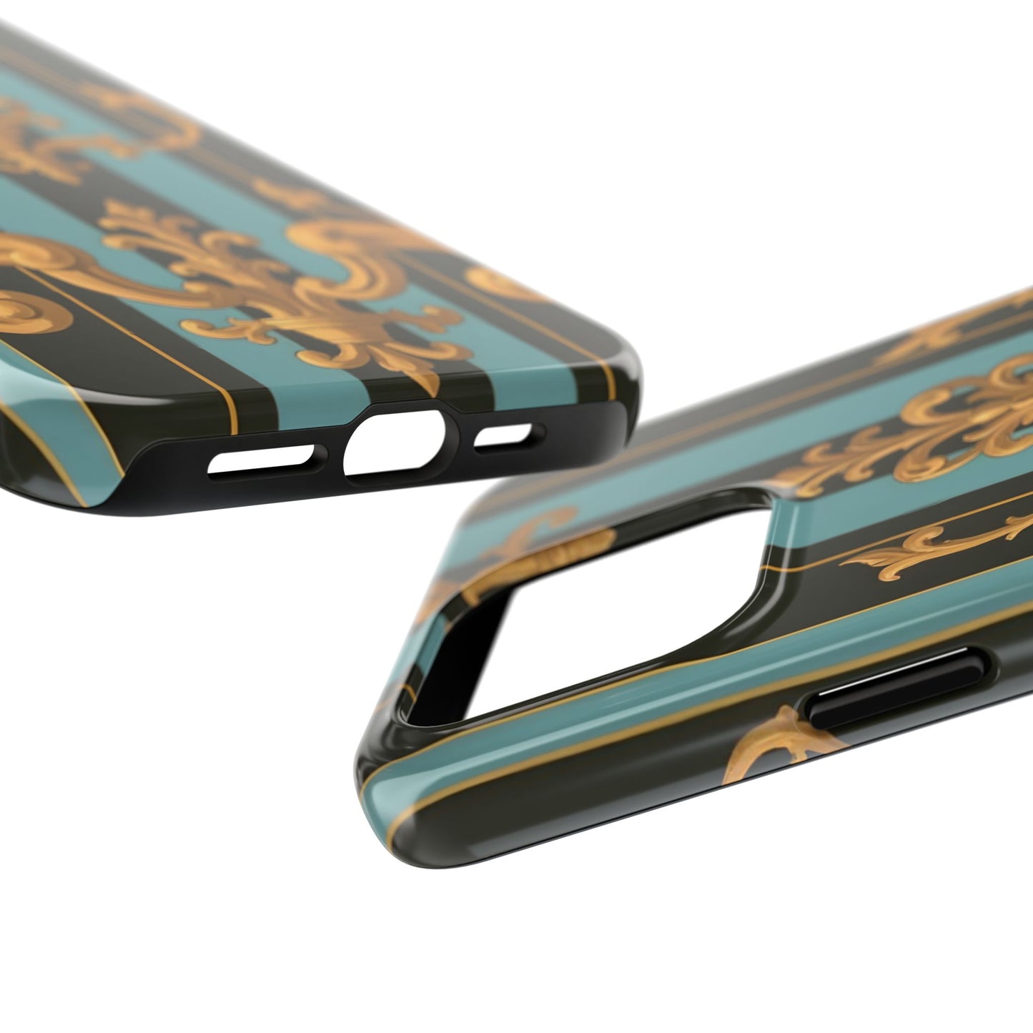 Elegant Baroque Tough Phone Case, Stylish Phone Cover, Durable iPhone Case, Unique Gift - Black & Turquoise Striped Baroque