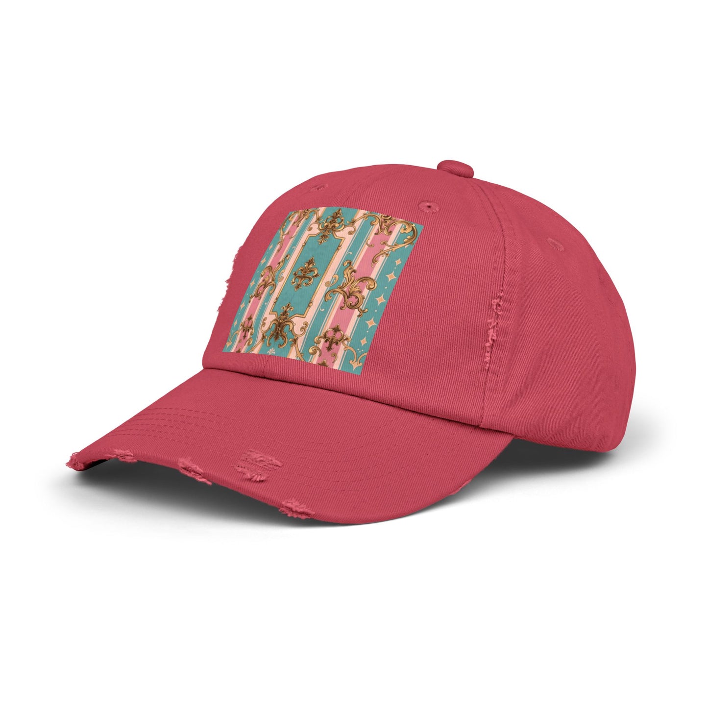 Stylish Unisex Distressed Cap with Floral Pattern, Casual Hat, Trendy Headwear, Summer Accessory - Pink & Matte Turquoise Striped Rococo