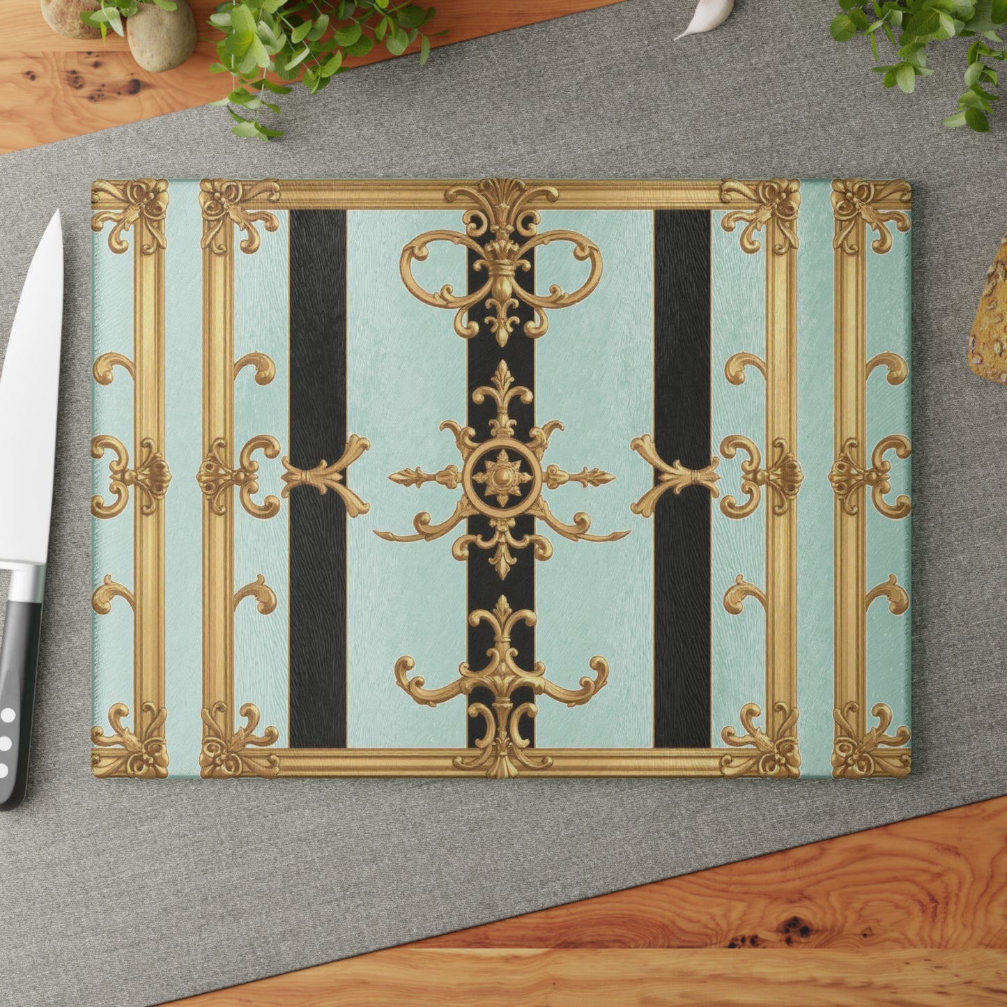 Elegant Glass Cutting Board, Chic Kitchen Decor, Housewarming Gift, Culinary Art, Unique Serving Tray - Black & White Striped Gold Baroque