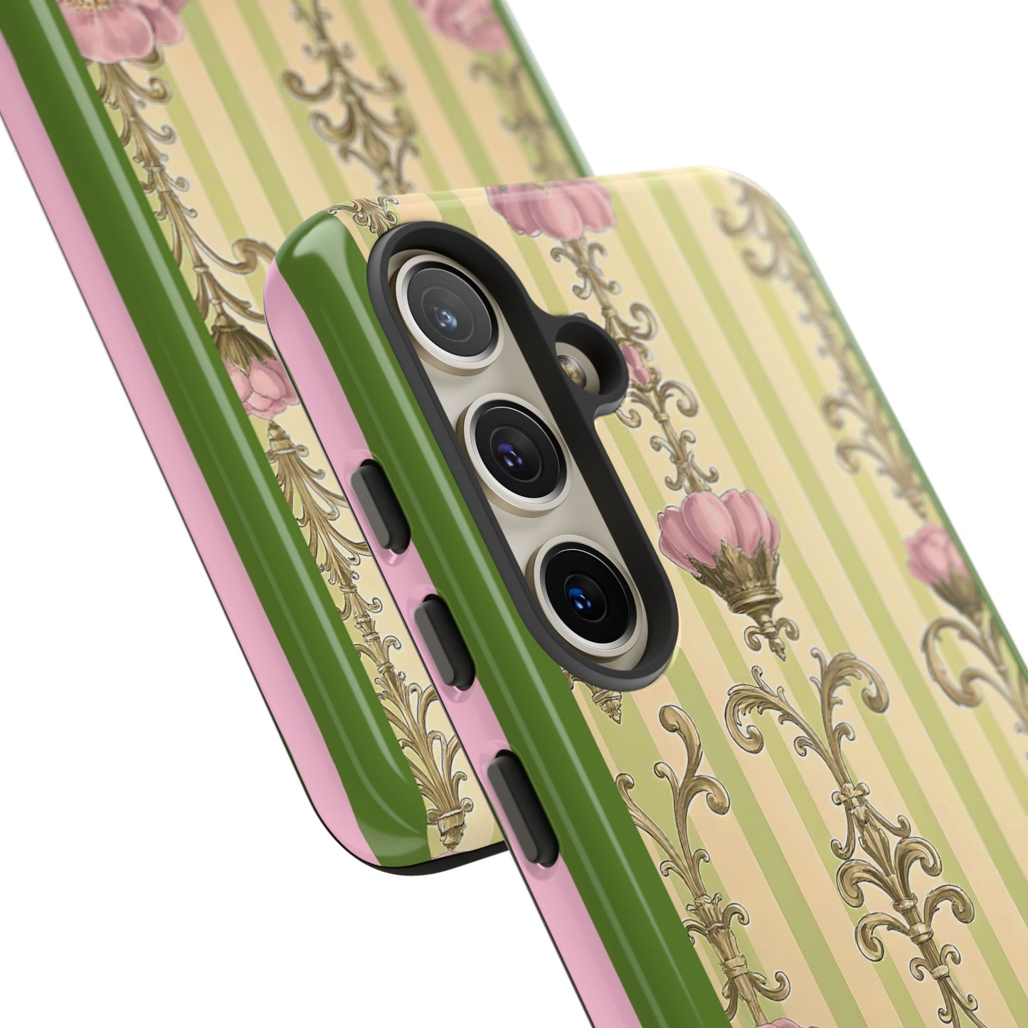 Elegant Floral Motif Phone Case - Tough Cases with Vintage Design - Lime Green & Pink Striped Damask