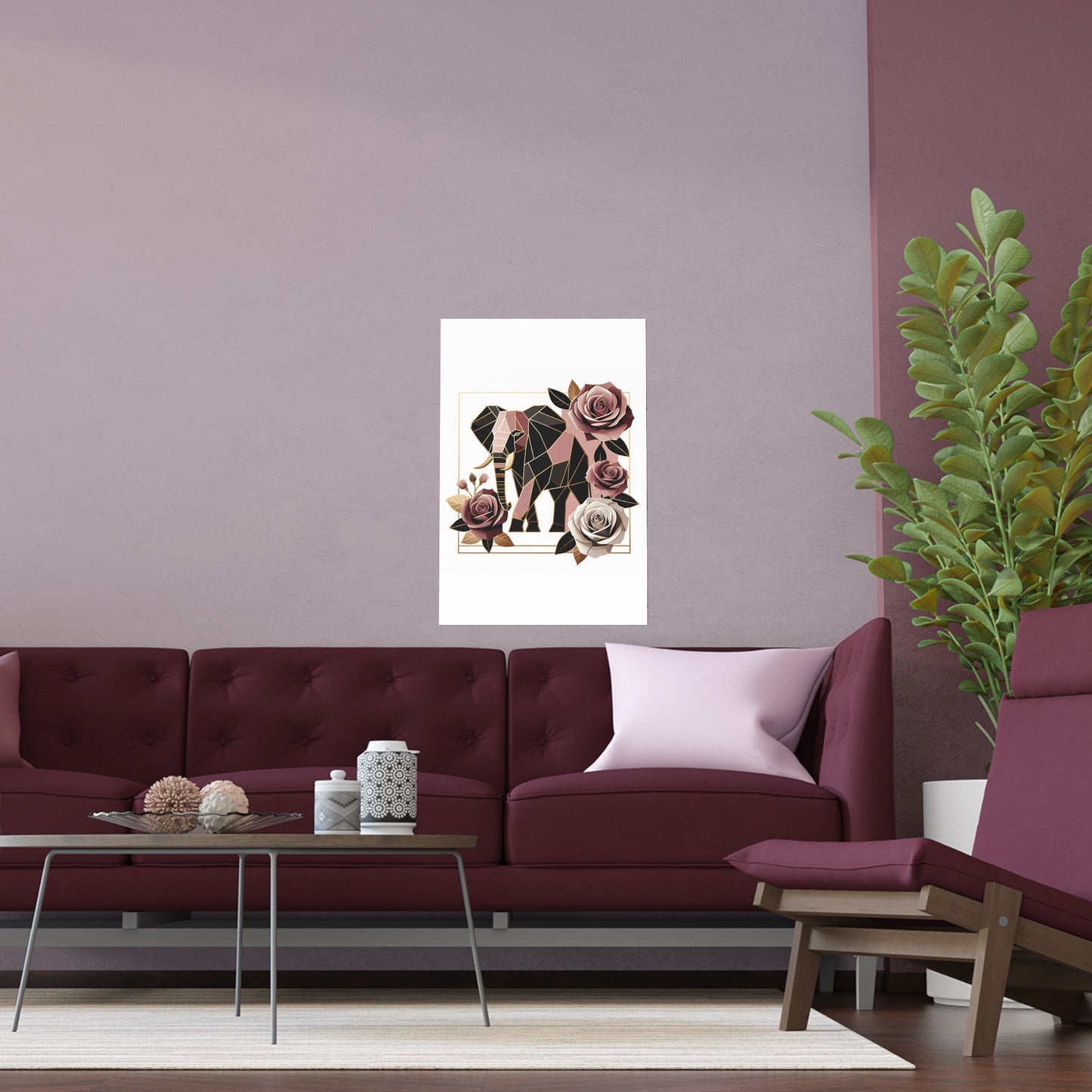Elegant Floral Silk Poster - Indoor/Outdoor Wall Art for Home Decor - Brown & Mauve Elephant & Roses