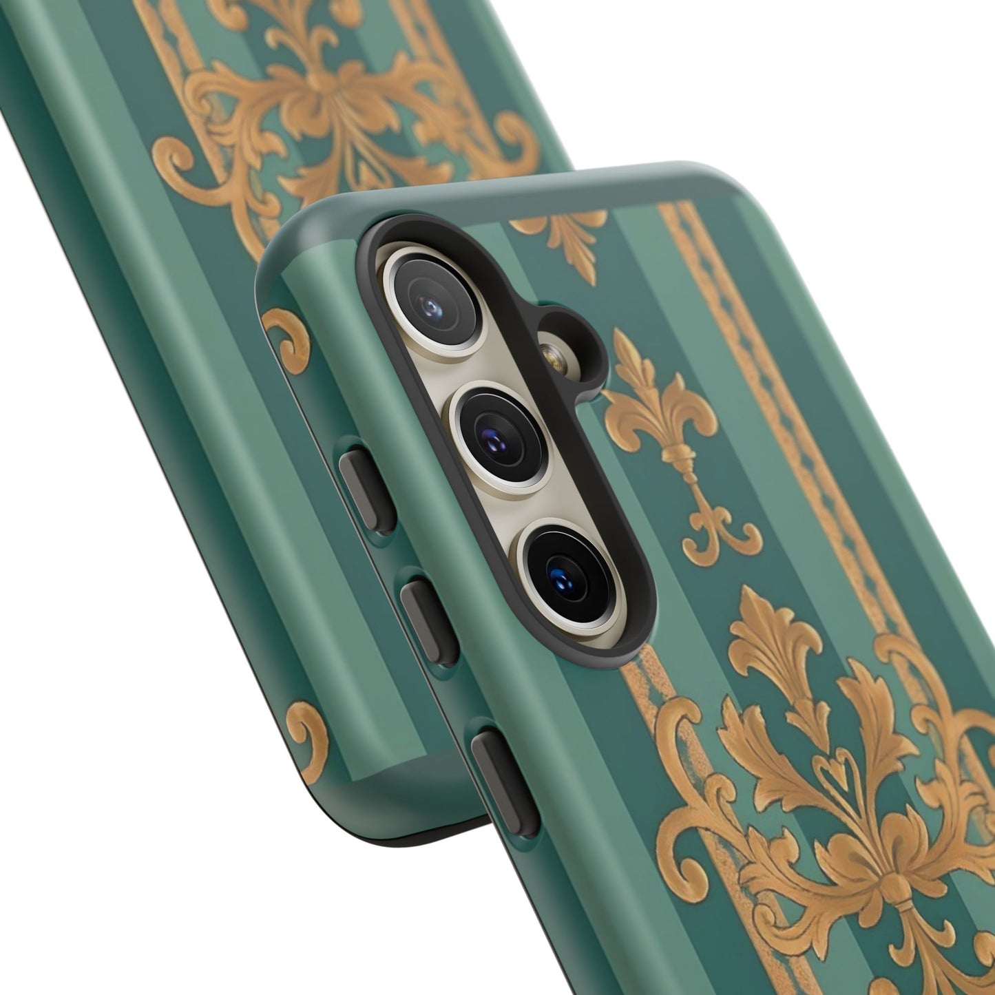 Elegant Floral Motif Phone Case - Tough Cases with Vintage Design - Teal Striped Gold Damask