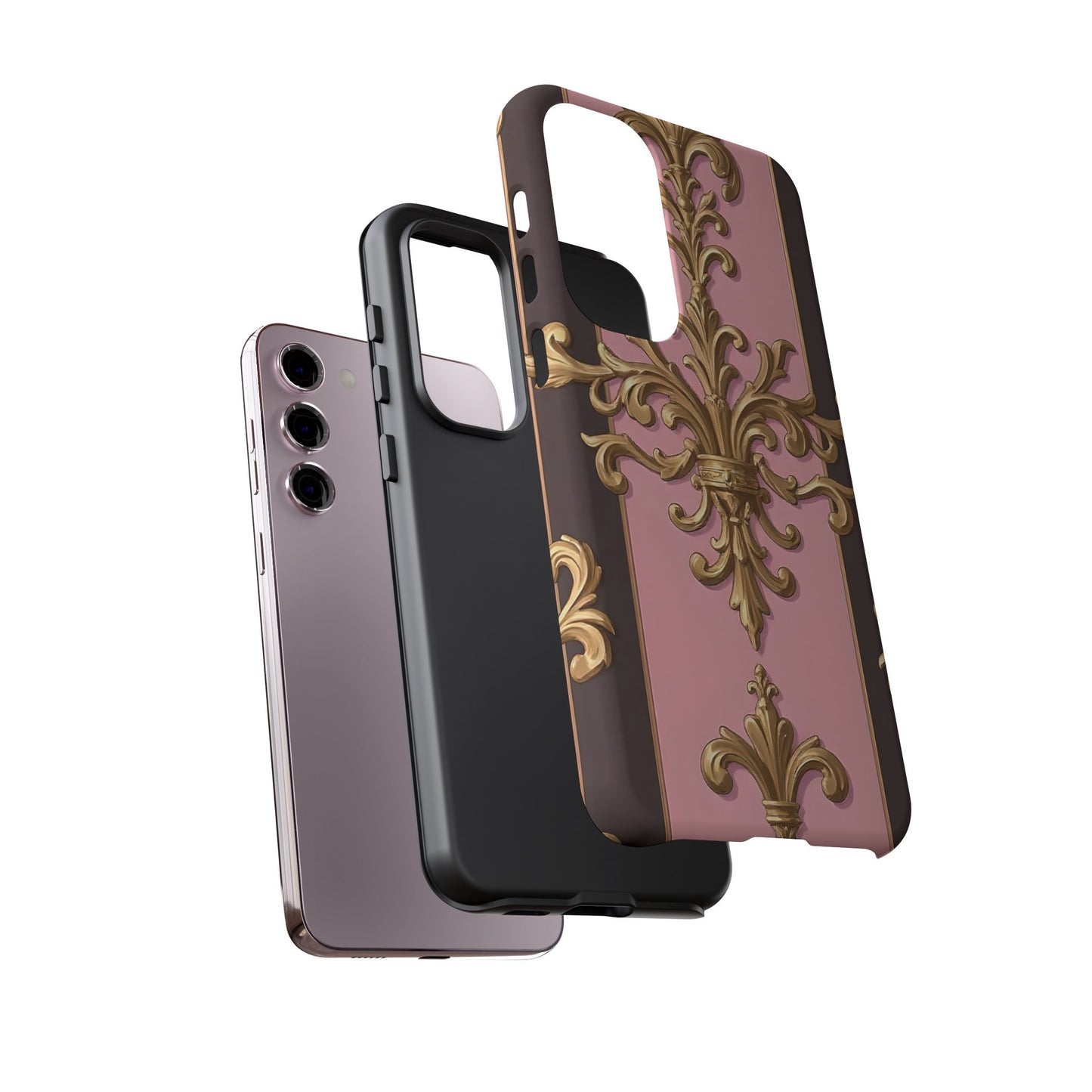 Elegant Floral Motif Phone Case - Tough Cases with Vintage Design - Pink & Brown Striped Gold Damask