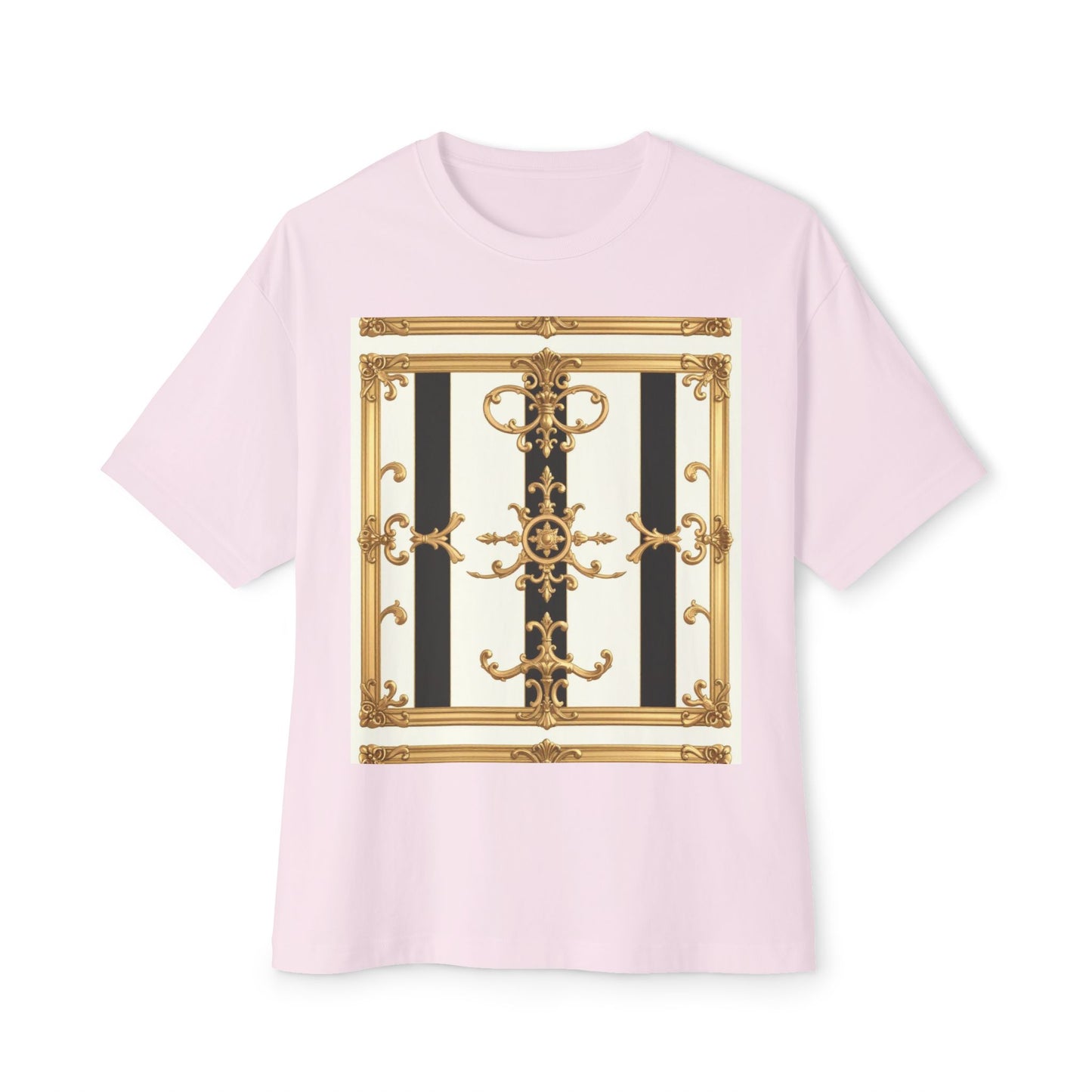Chic Oversized Boxy Tee with Elegant Gold Design, Fashion T-Shirt, Streetwear Top, Casual Wear - Black & White Striped Gold Baroque