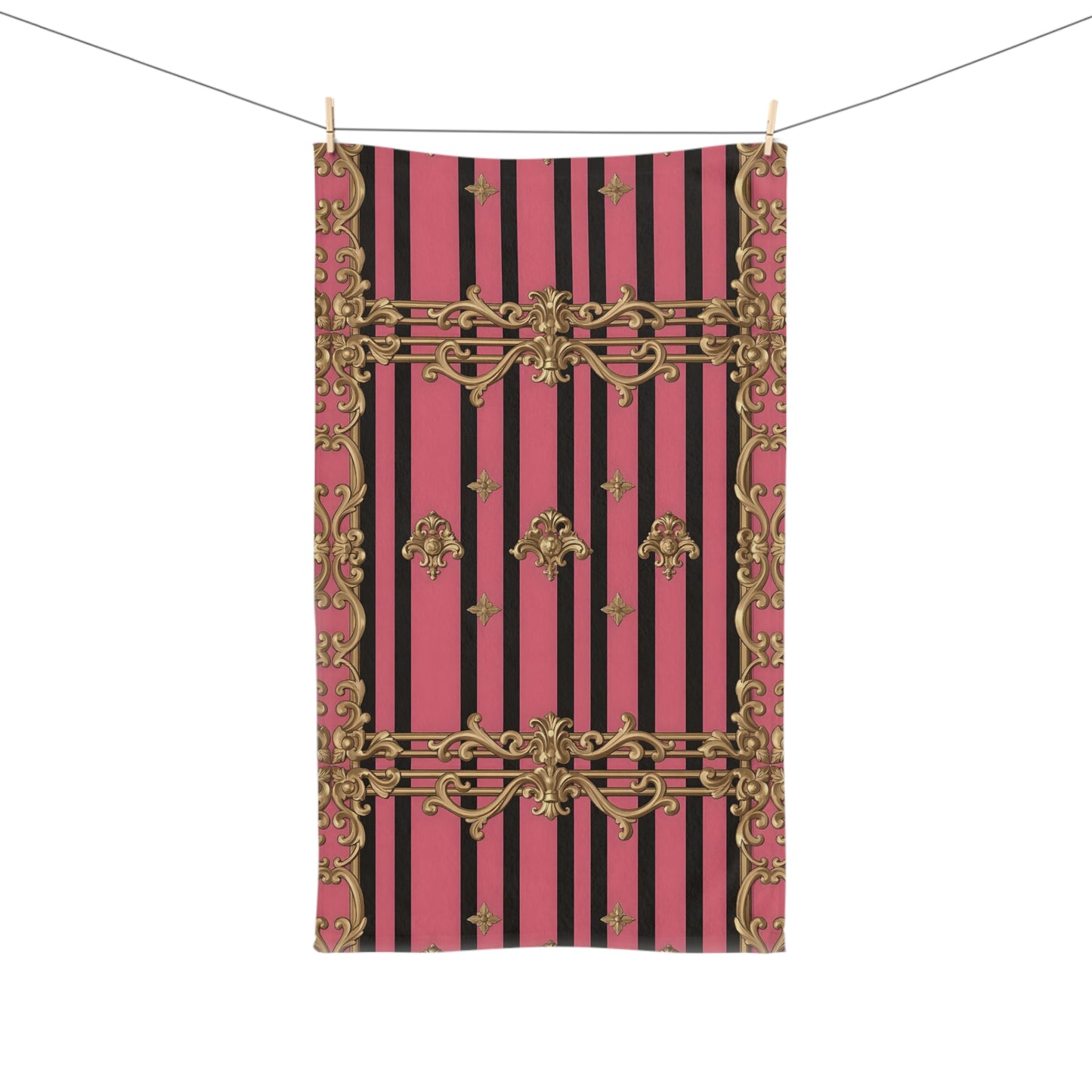 Chic Patterned Hand Towel with Gold Accents, Kitchen Decor, Glamorous Bathroom Towel, Elegant Home Accessory - Pink Striped Gold Rococo