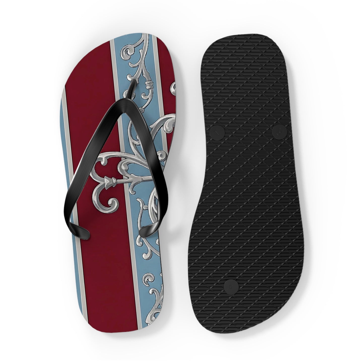 Elegant Vintage Flip Flops - Stylish Summer Footwear with Classic Design - Ice Blue & Burgundy Striped Baroque