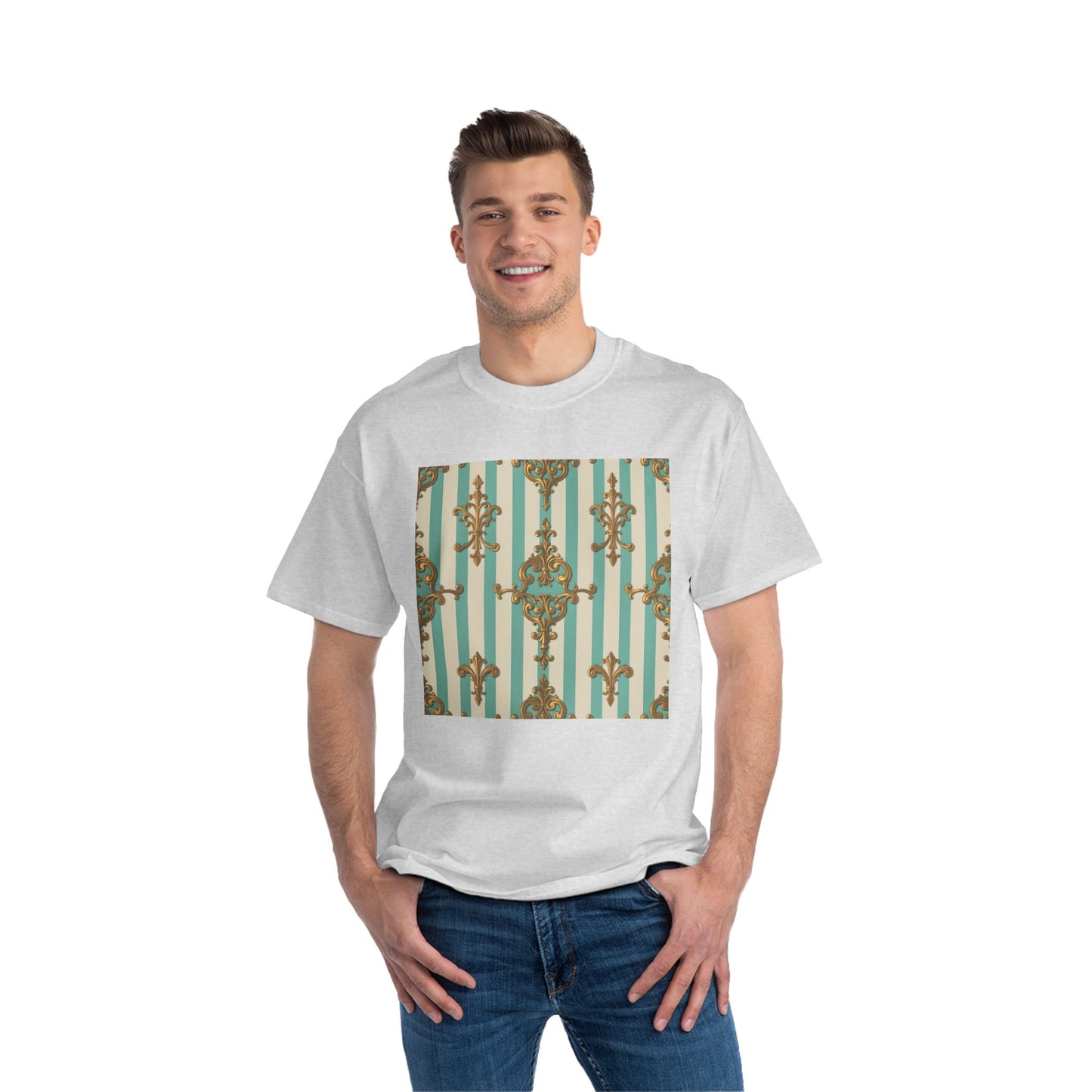 Elegant Patterned Short-Sleeve T-Shirt, Fashion Tee, Casual Wear, Gift for Her, Summer Style, Unique Design - Matte Green Striped Rococo