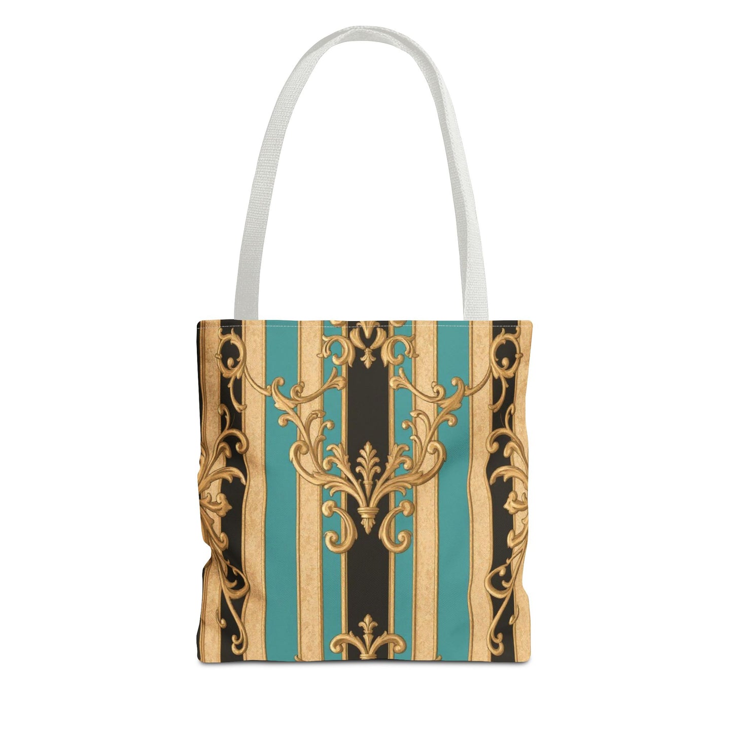 Elegant Black, Tan & Ocean Green Striped Gold Baroque Vintage Pattern Tote Bag, Stylish Carryall, Fashionable Handbag, Perfect Gift for Mother’s Day