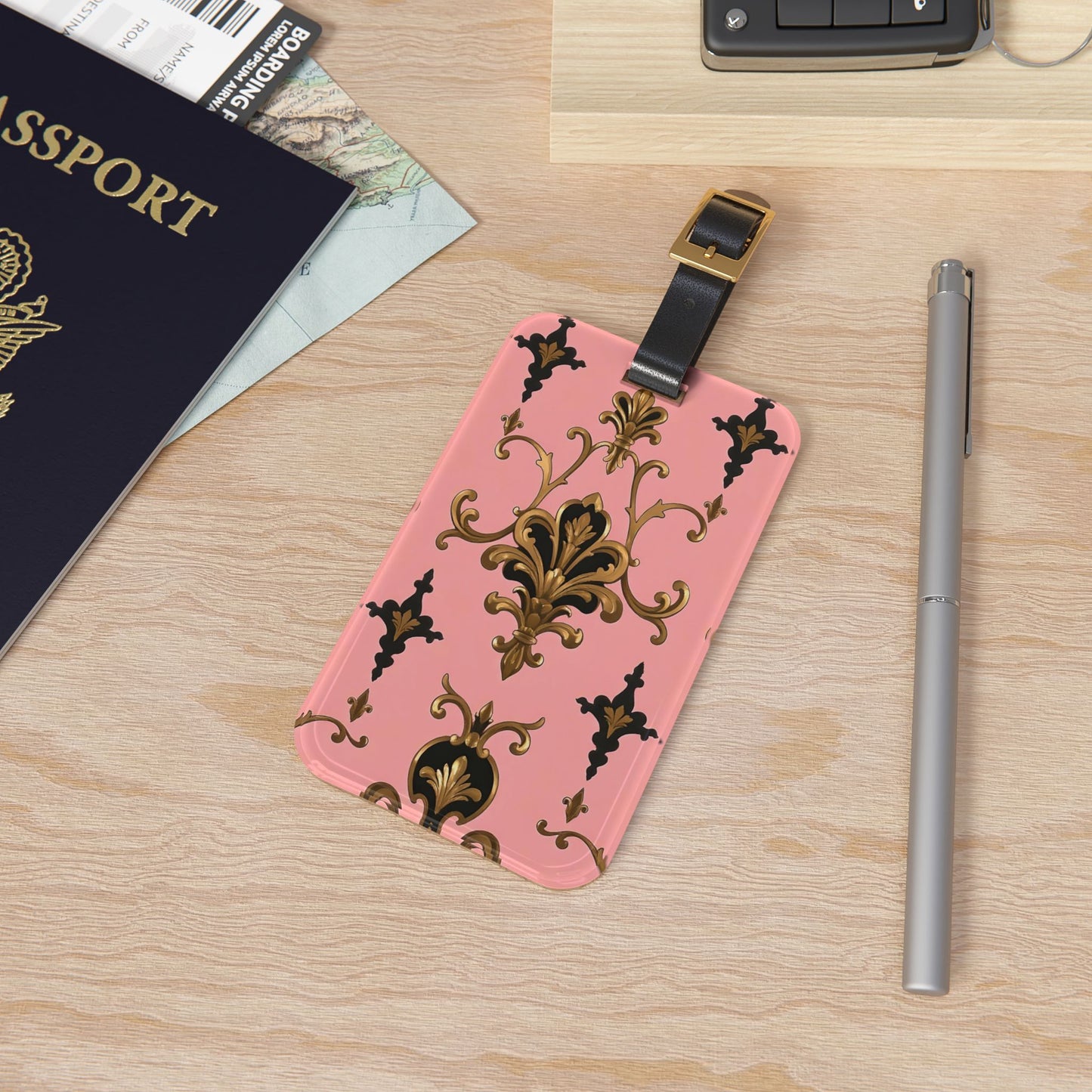 Elegant Vintage Luggage Tag | Travel Accessory, Personalized Bag Tag, Gift Idea for Travelers, Stylish Identifying Tag - Pink, Black & Gold Rococo