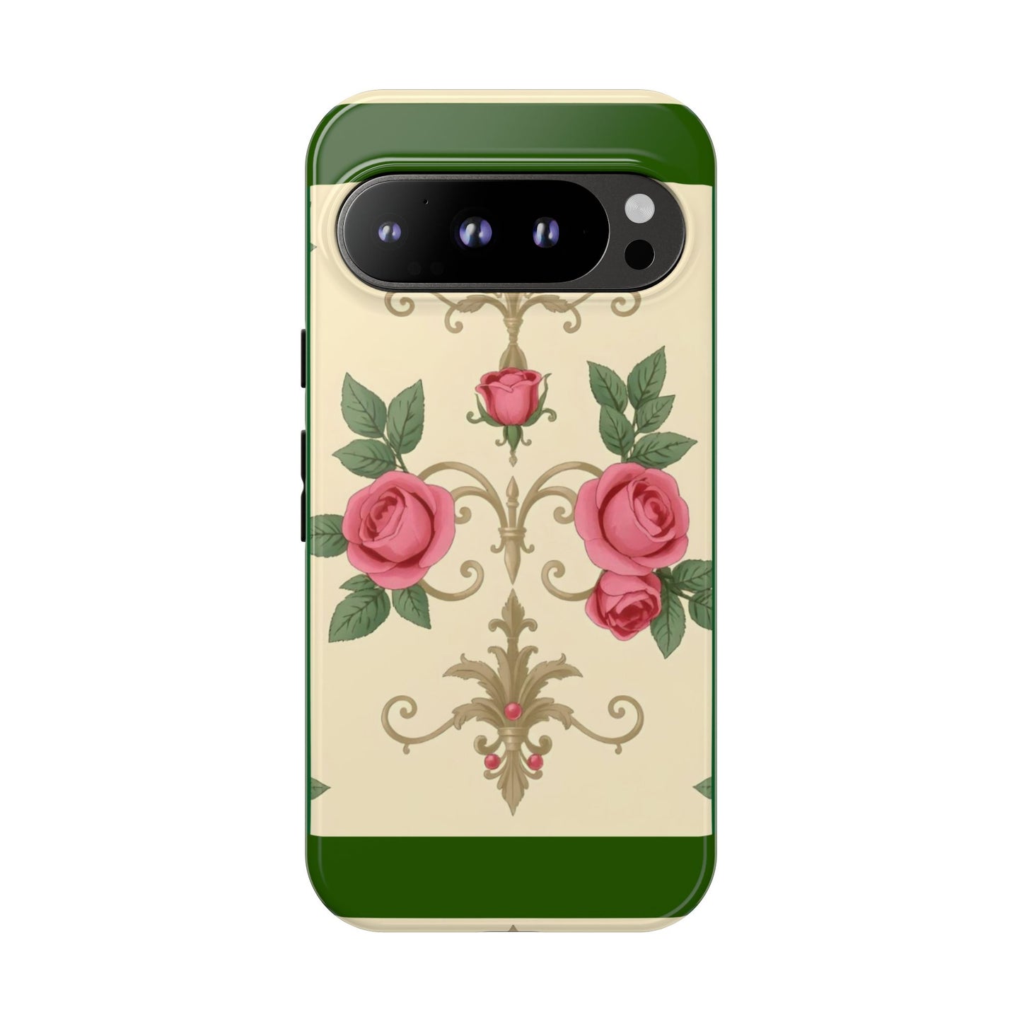 Elegant Floral Motif Phone Case - Tough Cases with Vintage Design - Green Border Roses & Damask