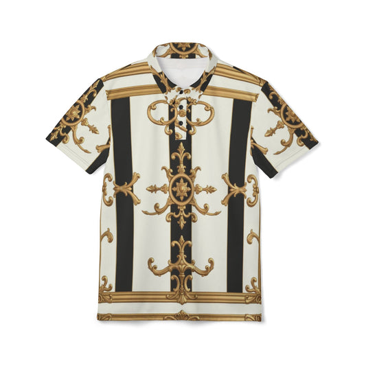 Elegant Unisex Polo Shirt | Fashion Tee | Stylish Summer Wear | Casual Chic | Unique Gift | Versatile Outfit - Black & White Striped Gold Baroque