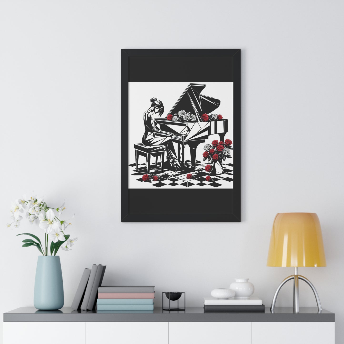 Vertical Poster - Black & White Grand Piano & Red Roses Wall Art
