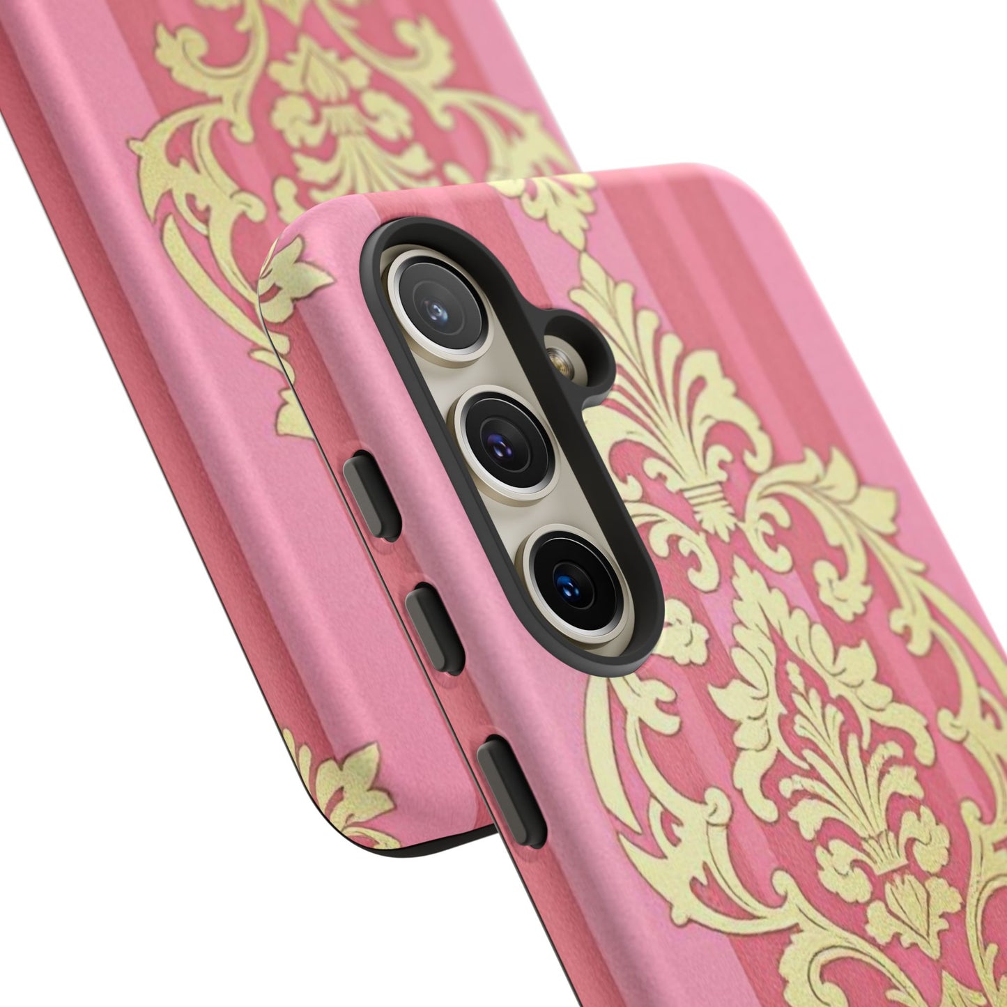 Elegant Floral Motif Phone Case - Tough Cases with Vintage Design - Pink Striped Damask