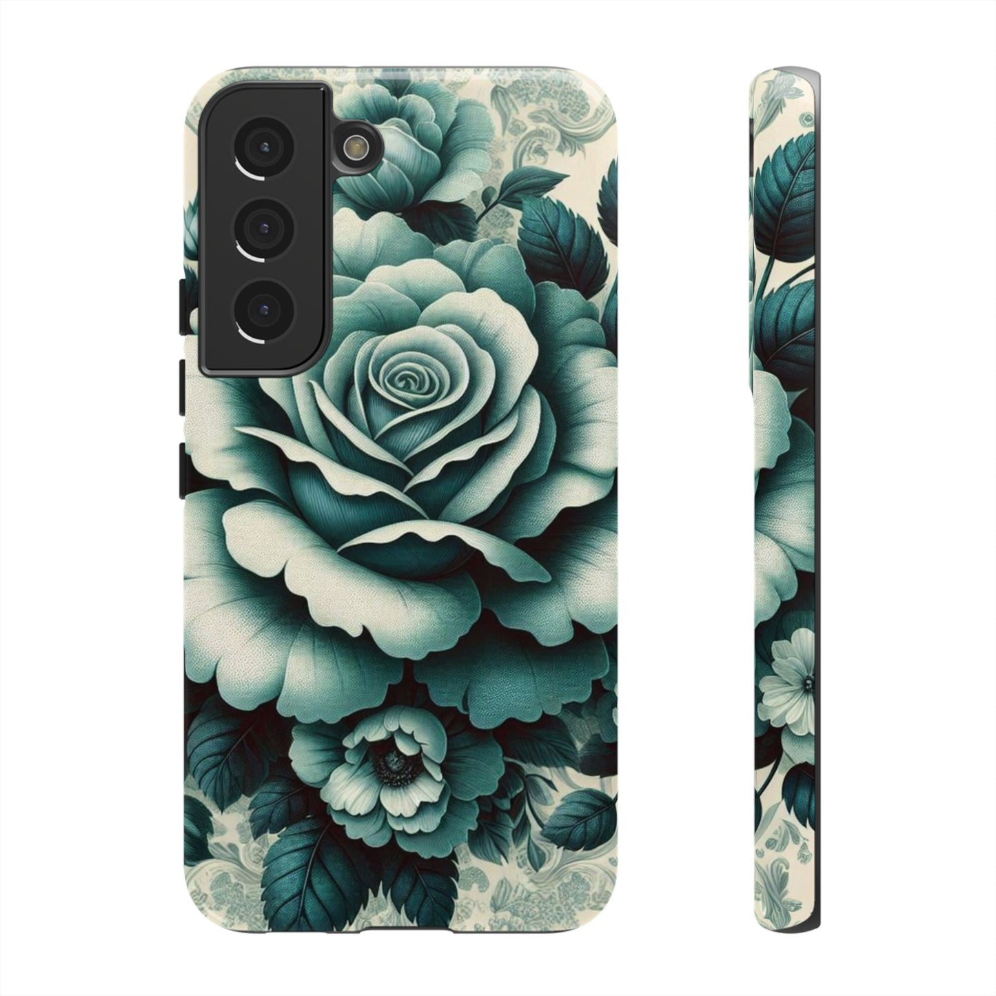 Elegant Floral Motif Phone Case - Tough Cases with Vintage Design - Teal Roses & Damask