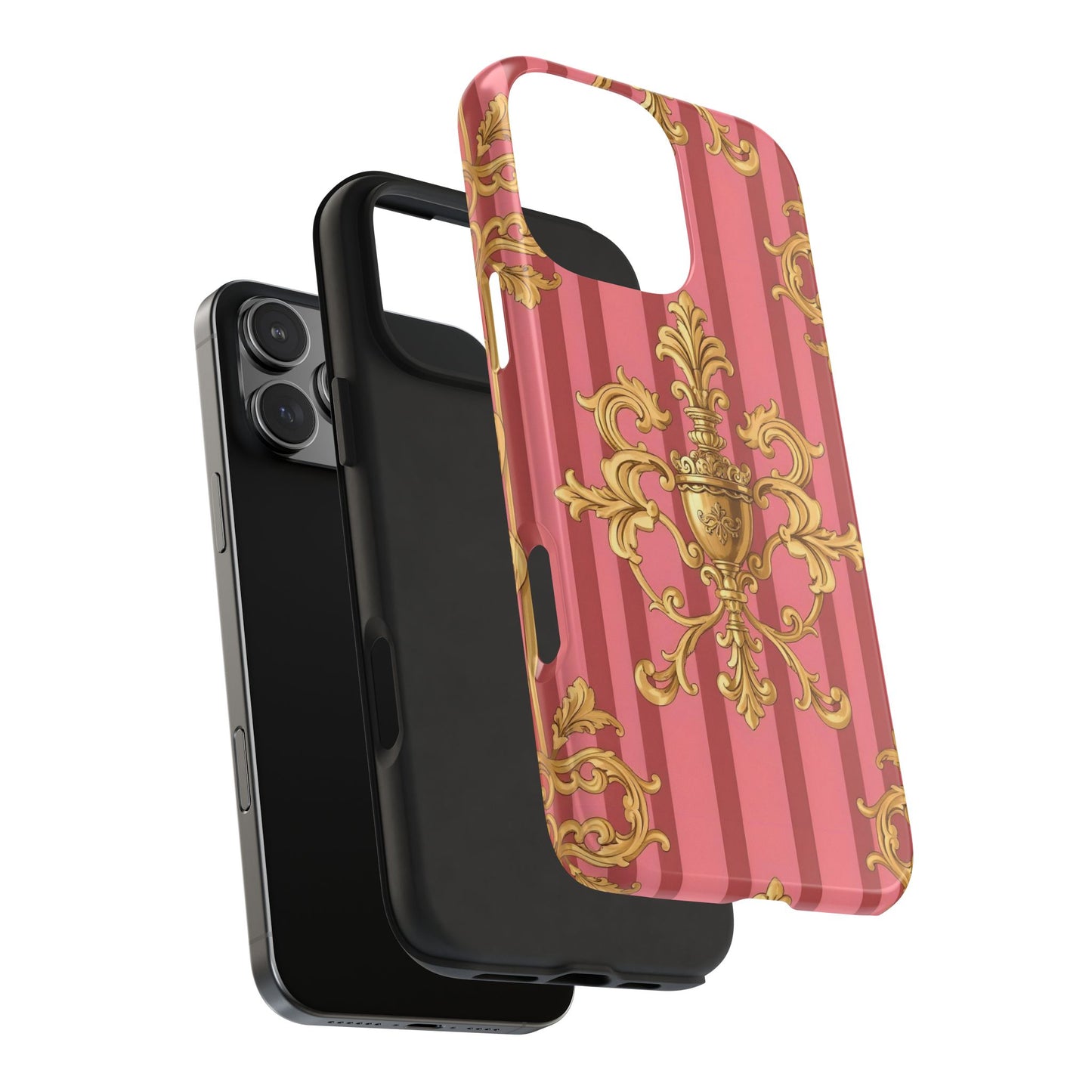 Elegant Baroque Tough Phone Cases, Durable Phone Cover, Stylish Accessory, Gift for Any Occasion - Pink Striped Gold Baroque