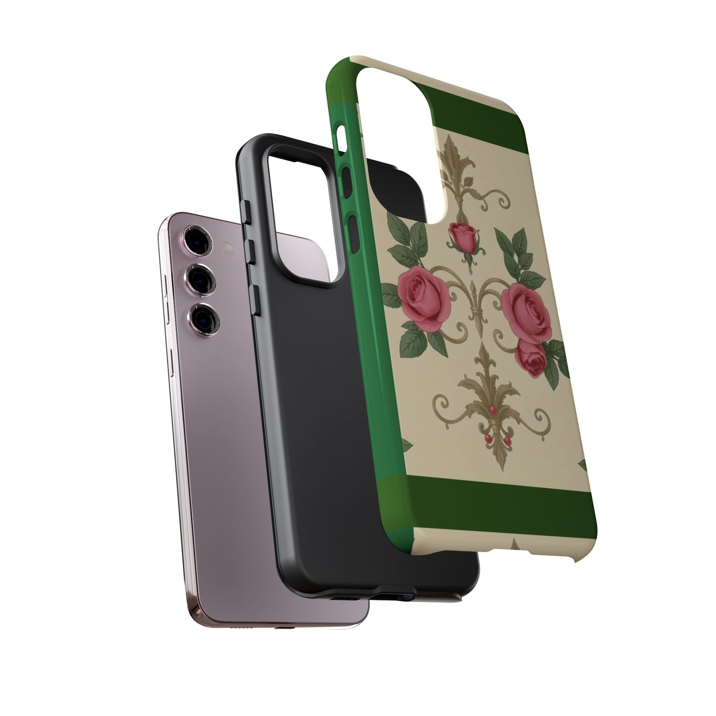 Elegant Floral Motif Phone Case - Tough Cases with Vintage Design - Green Border Roses & Damask
