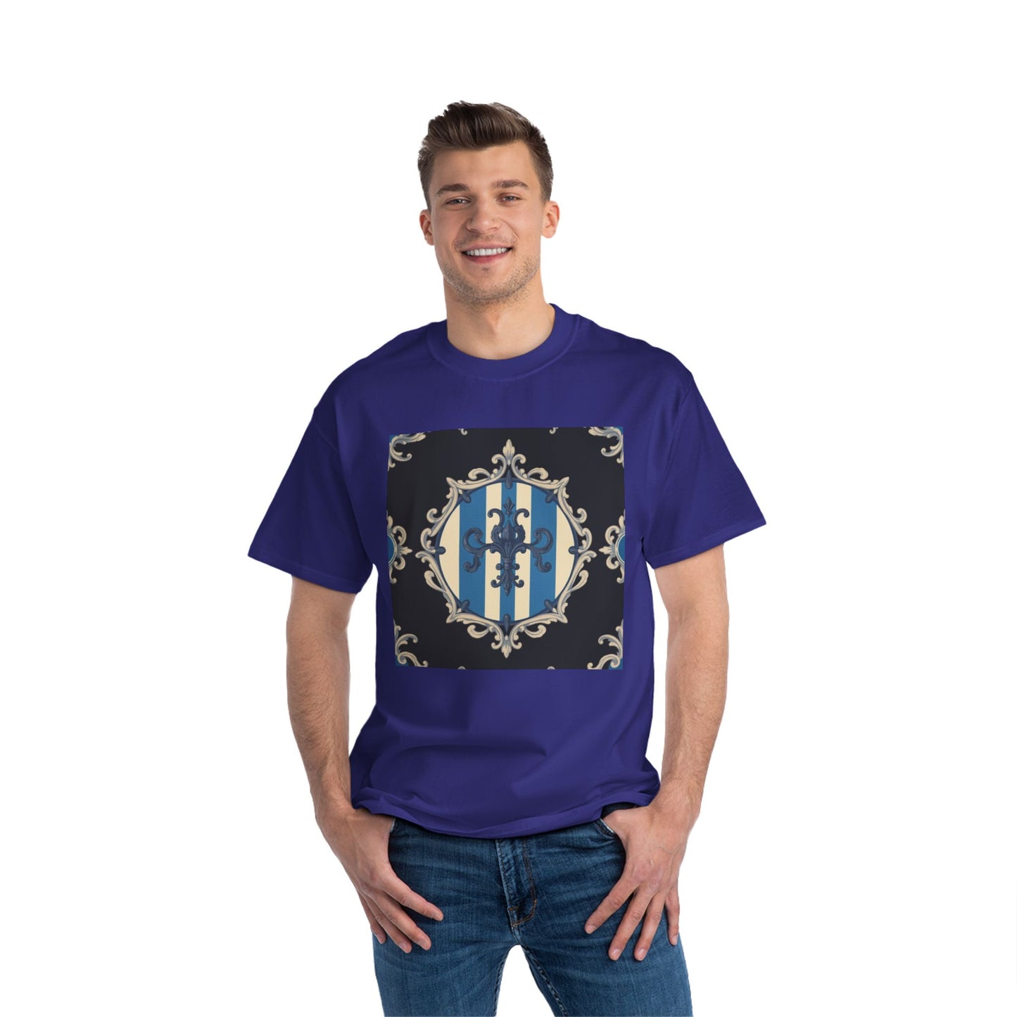 Elegant Blue & Alabaster Striped Baroque Short-Sleeve T-Shirt | Vintage Style, Graphic Tee, Casual Wear, Unisex Gift, Unique Design