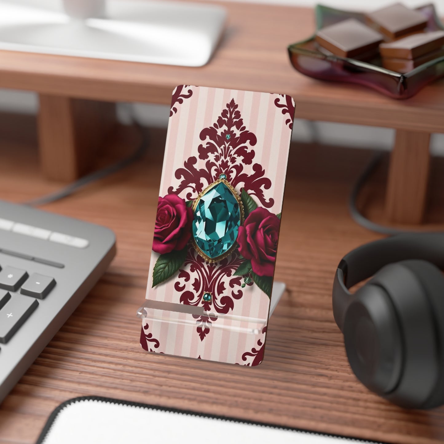 Elegant Floral Smartphone Display Stand - Striped Pink & Burgundy Damask - Decorative Mobile Holder