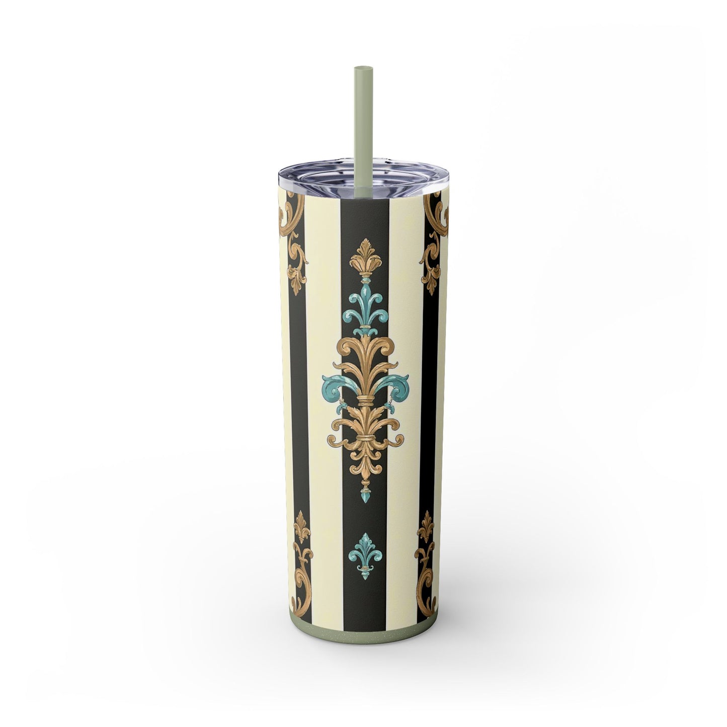 Elegant Stripe Skinny Tumbler | 20oz | Ideal Gift for Home, Office, Travel, Party, or Everyday Use - Black Striped Turquoise & Black Rococo