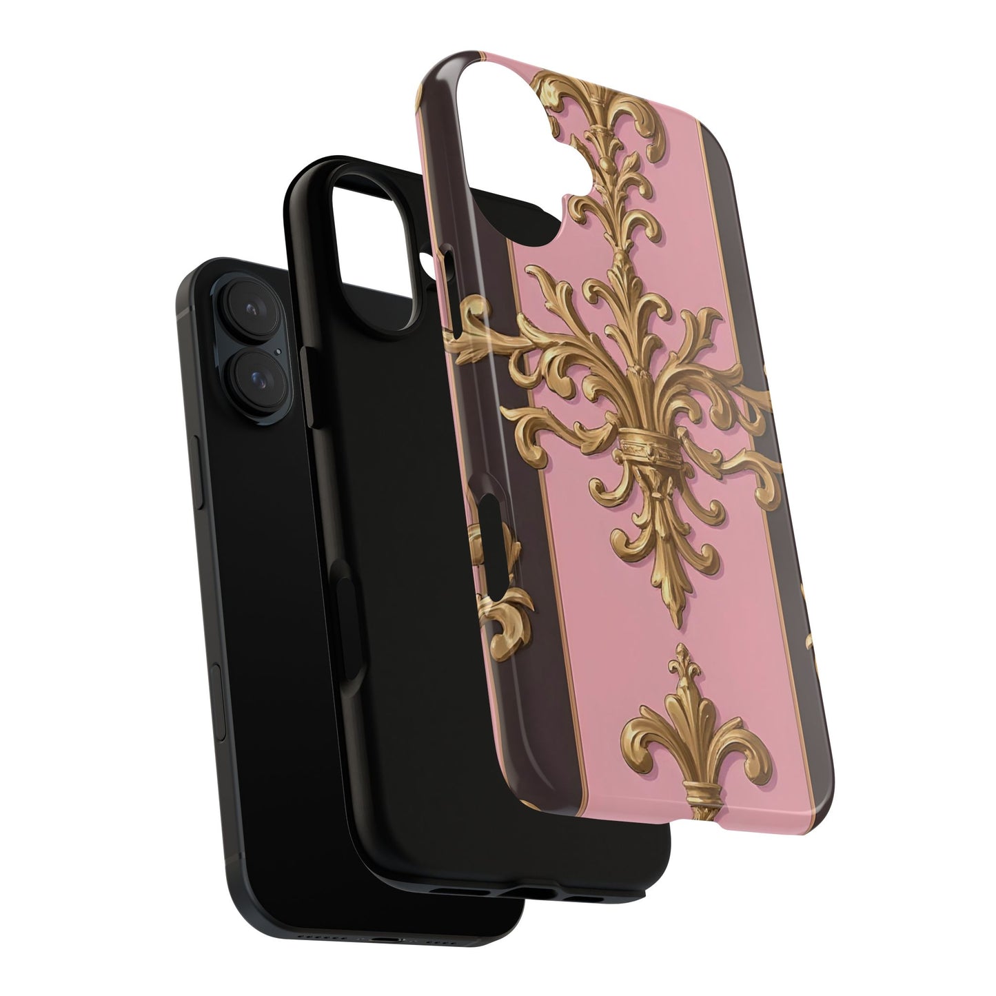 Elegant Floral Motif Phone Case - Tough Cases with Vintage Design - Pink & Brown Striped Gold Damask