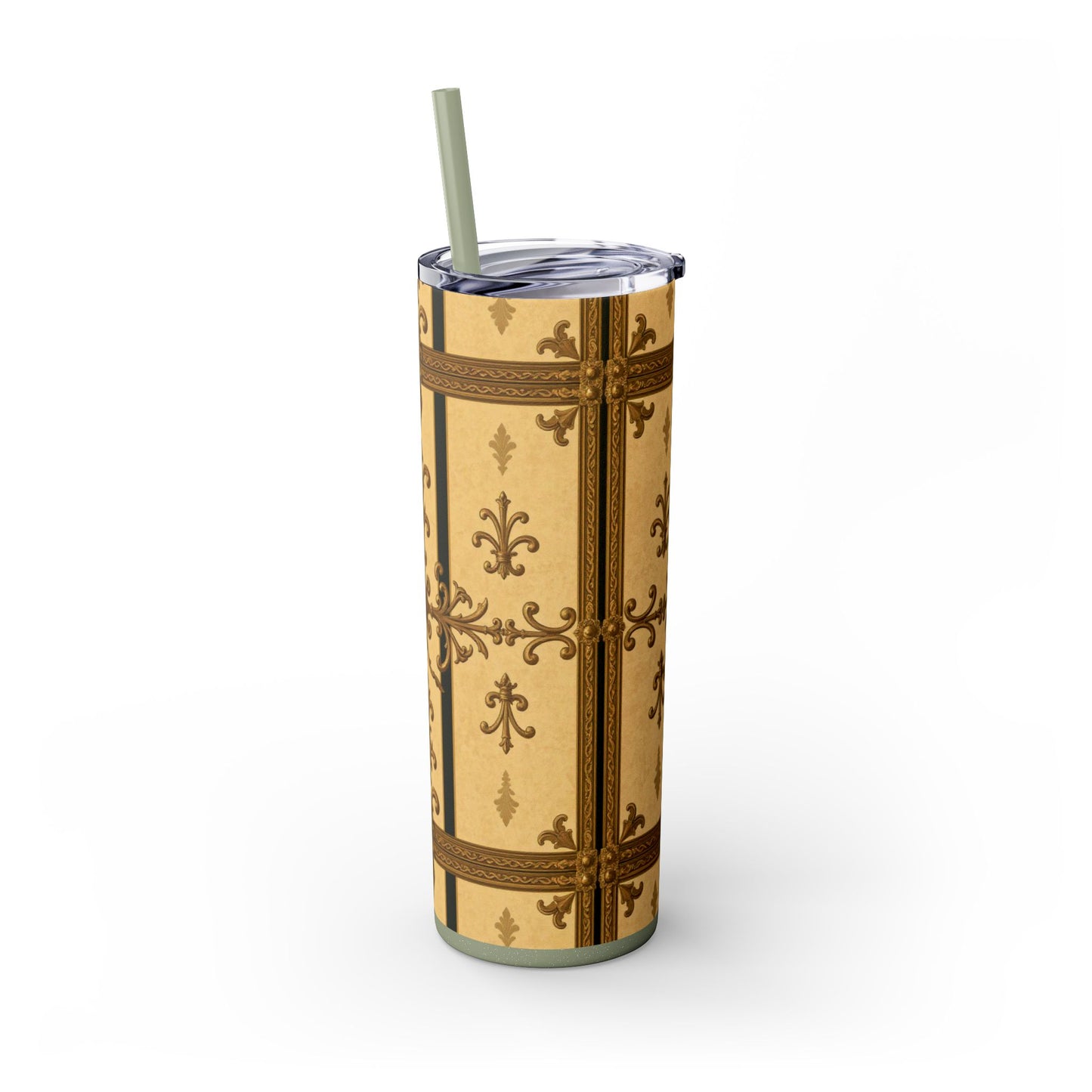 Elegant Vintage Skinny Tumbler, 20oz Insulated Drink Cup, Perfect for Home, Office, Gifts, Holidays, Travel - Matte Yellow Striped Antique Rococo