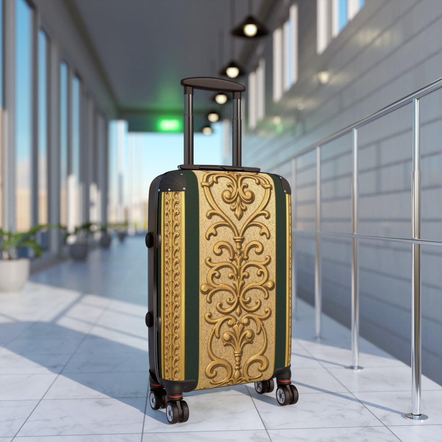 Elegant Teal Striped Gold Baroque Travel Suitcase - Vintage Style Luggage for Stylish Travelers, Durable Carry-On, Gift for Adventurers