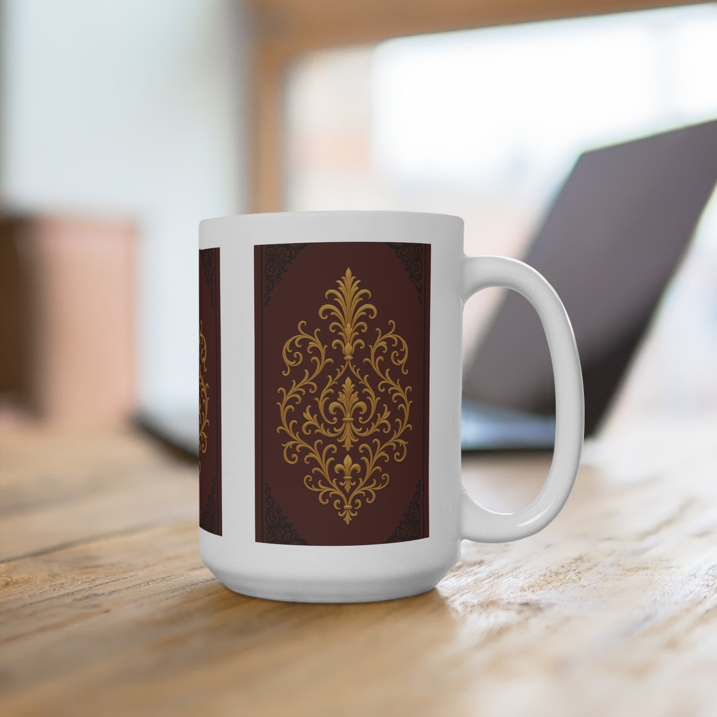 Dusk Burgundy-Black & Gold Baroque 15oz Mug — Vintage Victorian White Coffee Cup