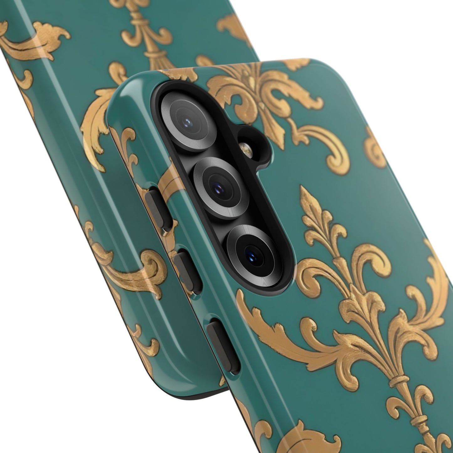 Elegant Floral Motif Phone Case - Tough Cases with Vintage Design - Aqua & Gold Damask