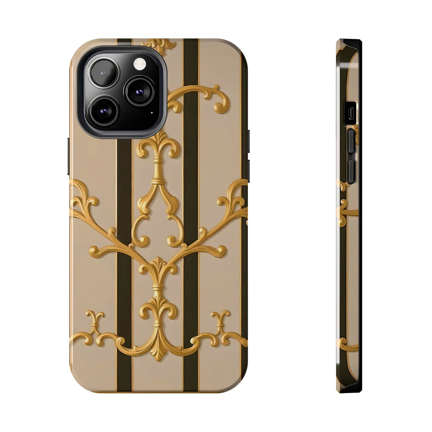 Elegant Vintage Tough Phone Case, Stylish Phone Cover, Boho Accessories, Perfect Gift for Her - Beige Striped Gold Rococo