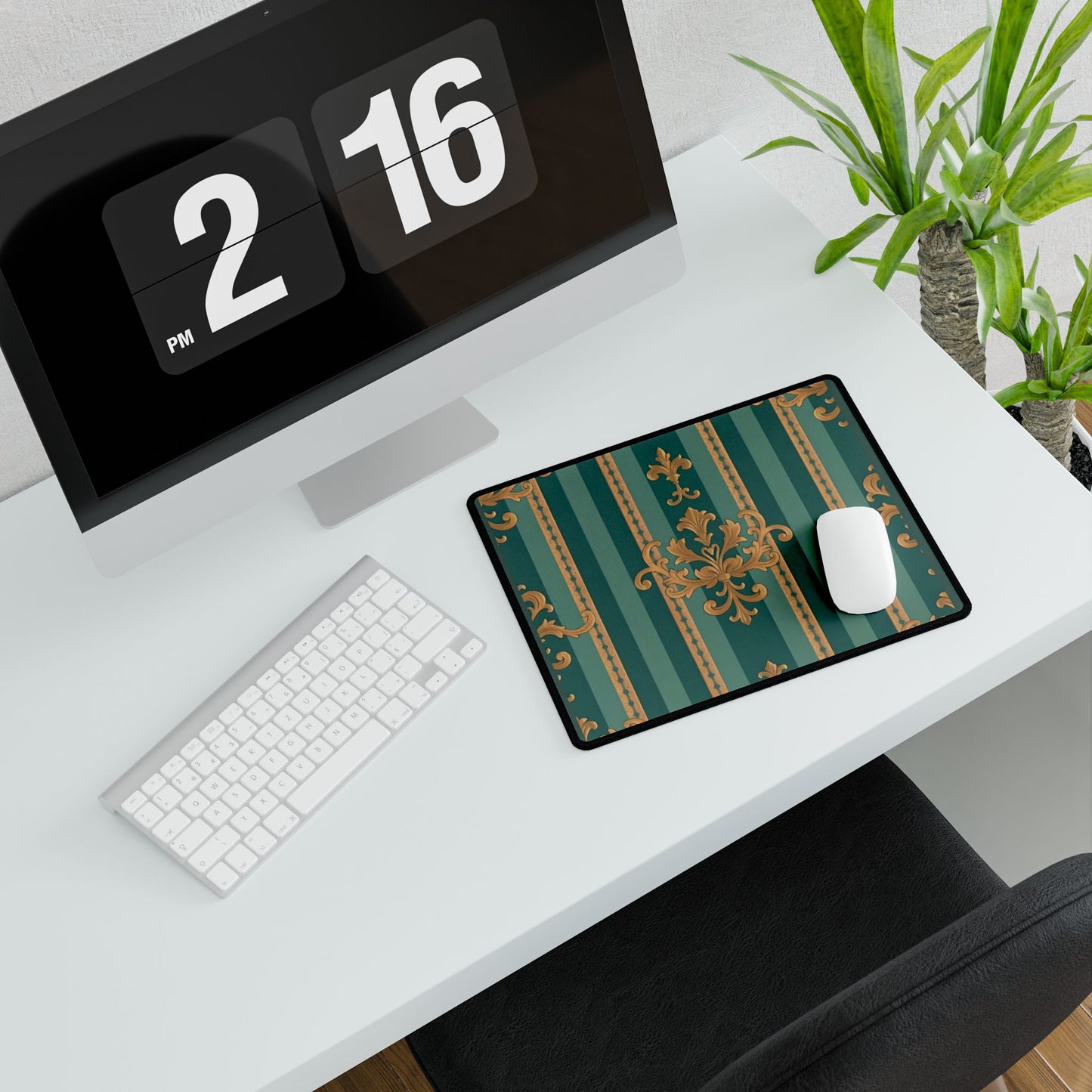 Elegant Floral Motif Desk Mat for Home Office Decor - Teal Striped Gold Damask