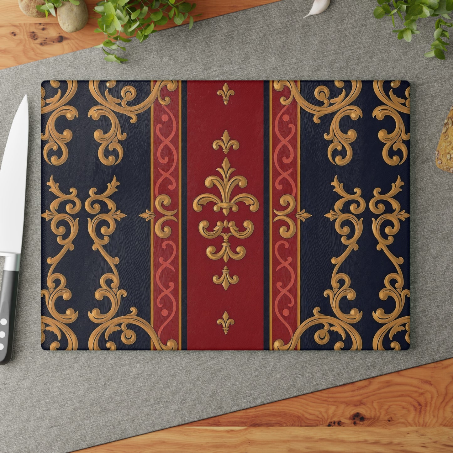 Elegant Ornate Glass Cutting Board, Kitchen Decor, Elegant Serving Tray, Housewarming Gift, Gourmet Cooking Essential - Midnight Blue & Dusk Red Gold Baroque