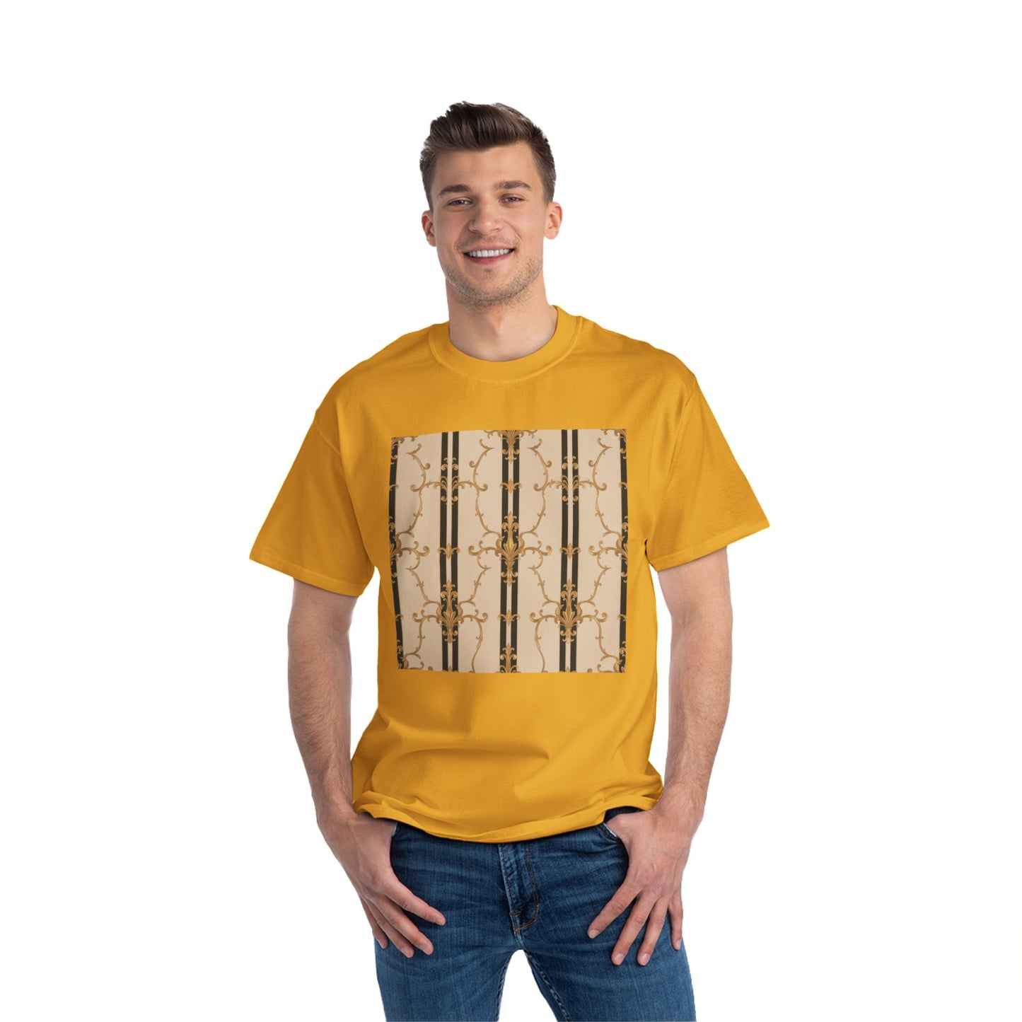 Stylish Graphic Tee for Casual Wear, Fashionable Short-Sleeve Shirt, Unique Summer Top - Black & Beige Striped Damask