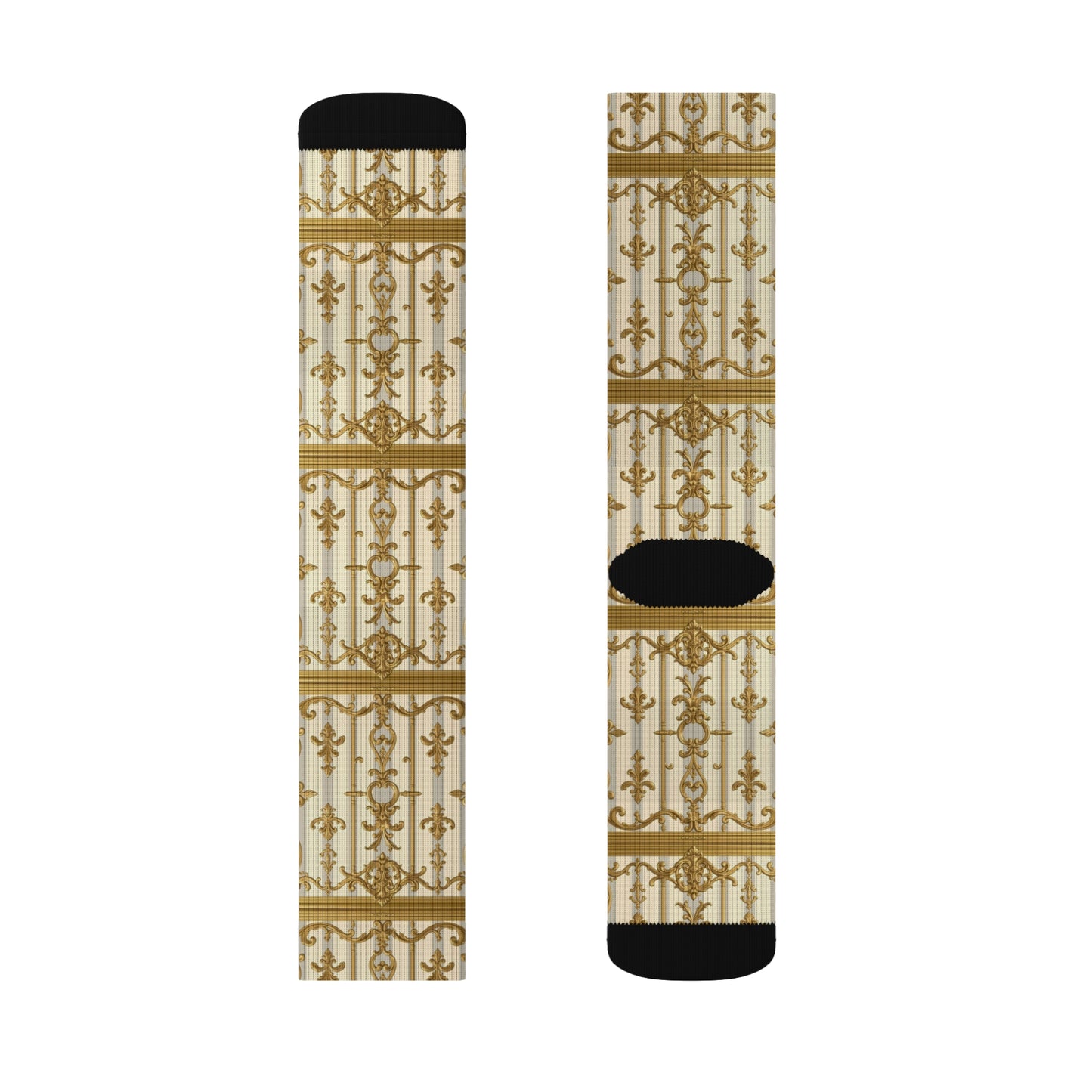 Stylish Sublimation Socks with Elegant Pattern, Unique Gift for Fashion Lovers, Cozy Fashion Statement - Matte Gray & Cream Striped Gold Baroque